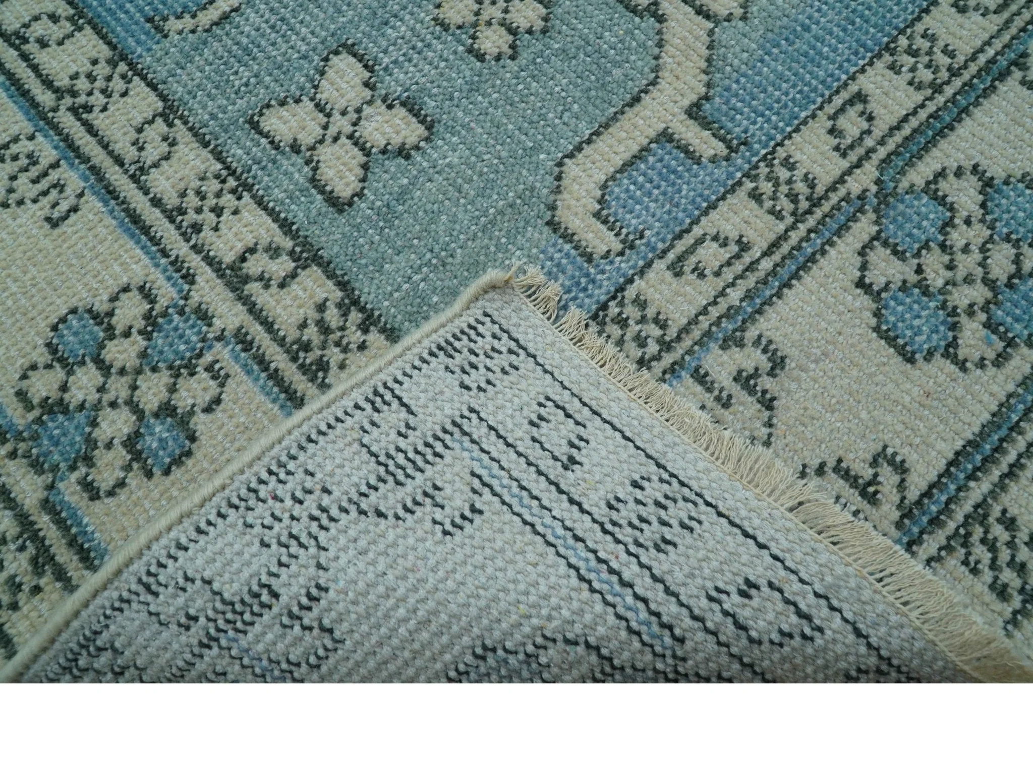 Custom Made Traditional Turkish Blue And Ivory Hand Knotted Wool Area Rug - Image 4