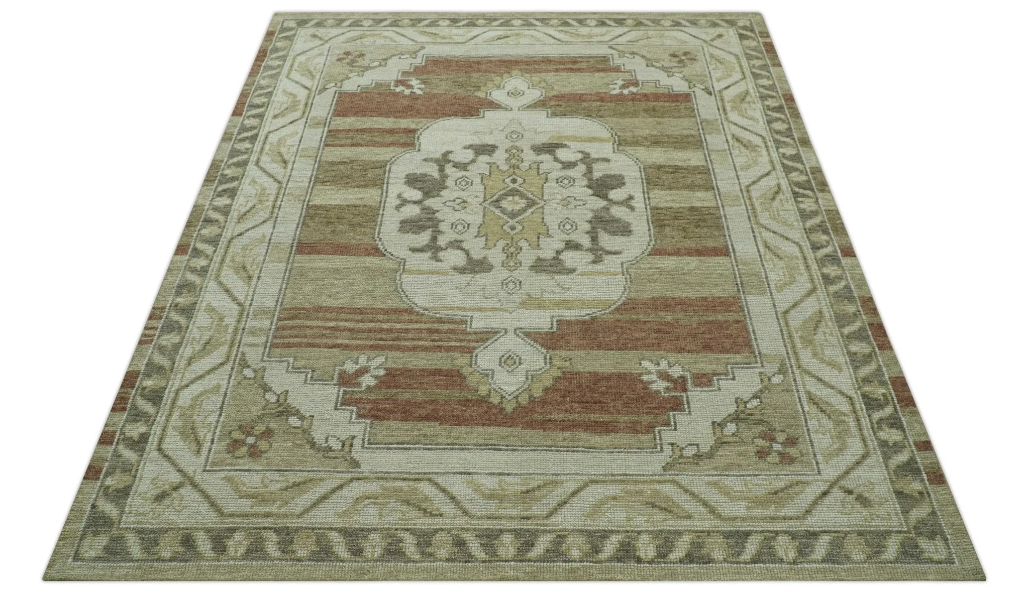Custom Made Traditional Turkish Design Beige And Rust Hand knotted Wool Area Rug - Image 10
