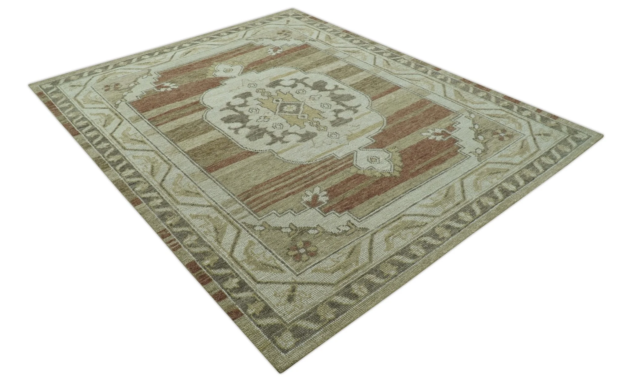 Custom Made Traditional Turkish Design Beige And Rust Hand knotted Wool Area Rug - Image 9