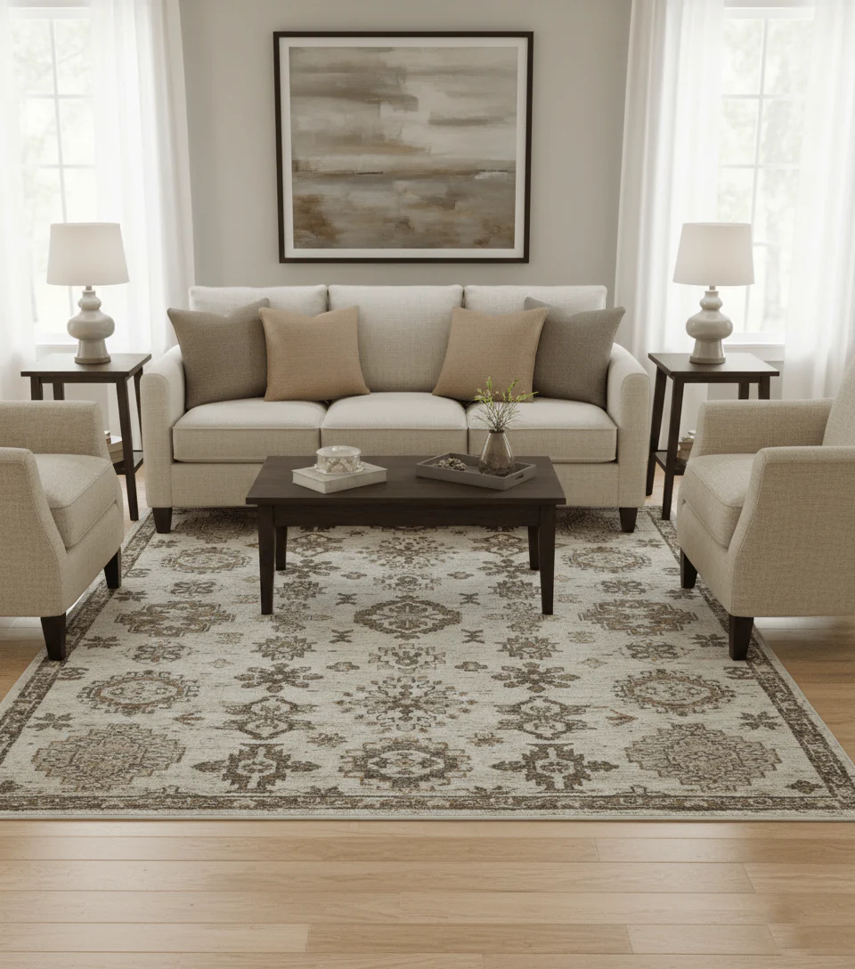 Custom Made Traditional Turkish Design Beige Hand Knotted Natural Wool Area Rug - Image 2