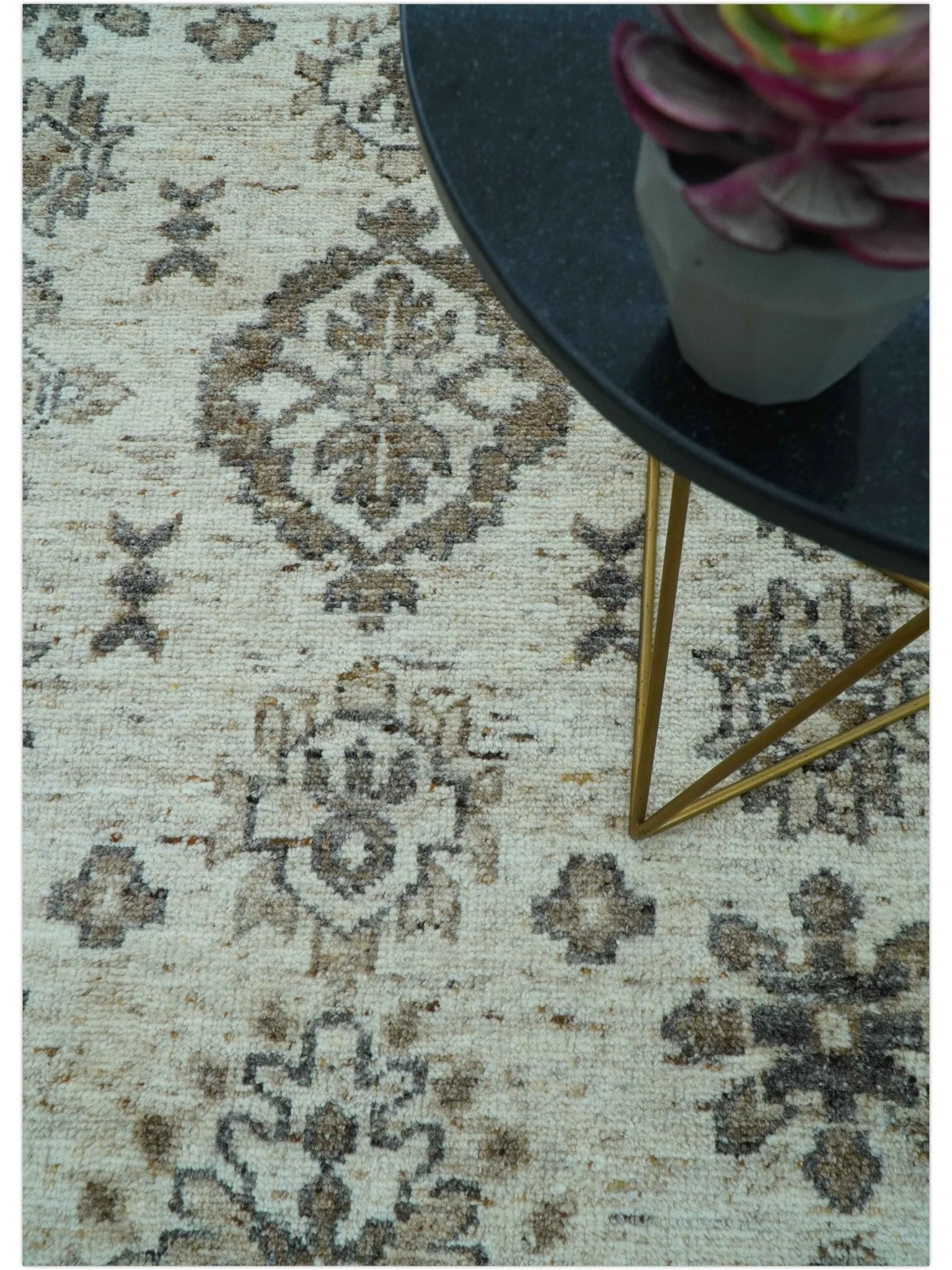 Custom Made Traditional Turkish Design Beige Hand Knotted Natural Wool Area Rug - Image 3