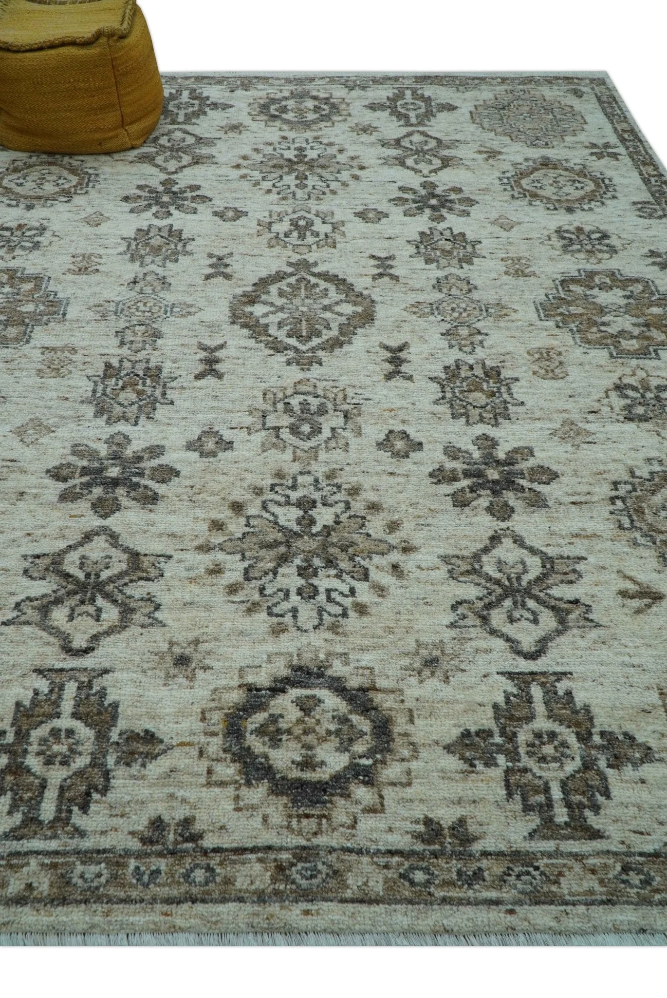 Custom Made Traditional Turkish Design Beige Hand Knotted Natural Wool Area Rug - Image 4