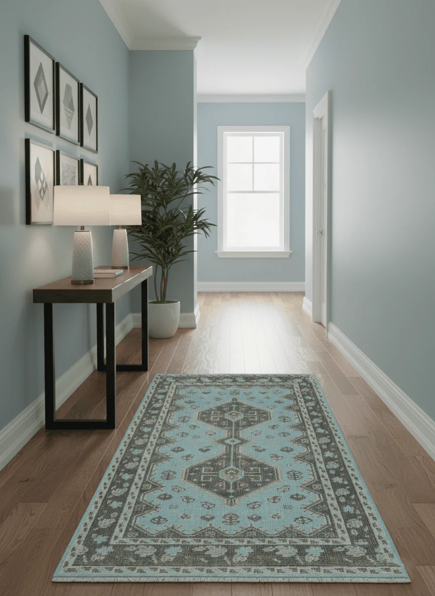 Custom Made Traditional Turkish design Blue And Brown Hand Knotted Wool Area Rug - Image 2