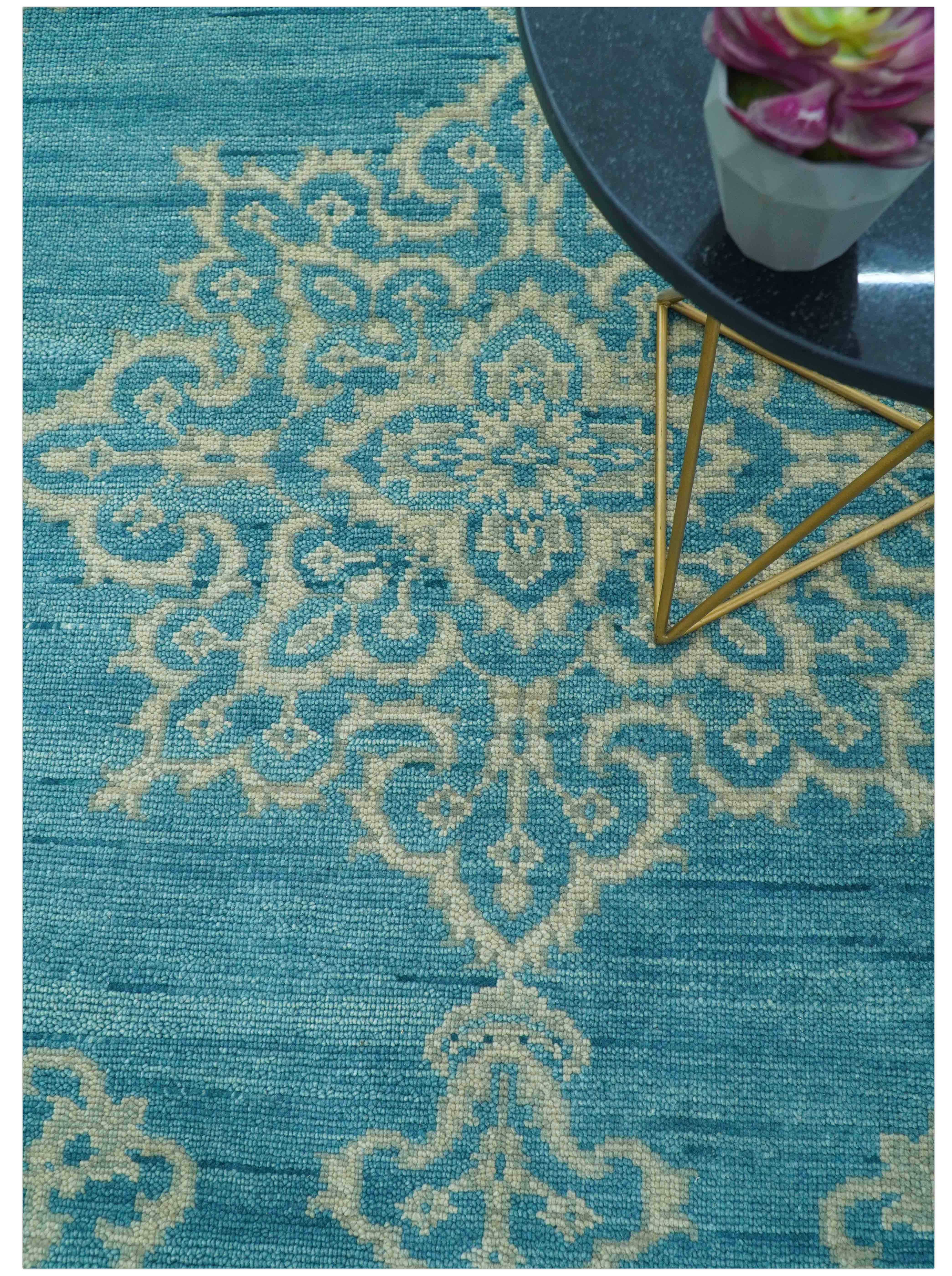 Custom Made Traditional Turkish Design Blue Hand Knotted Wool Area Rug - Image 4