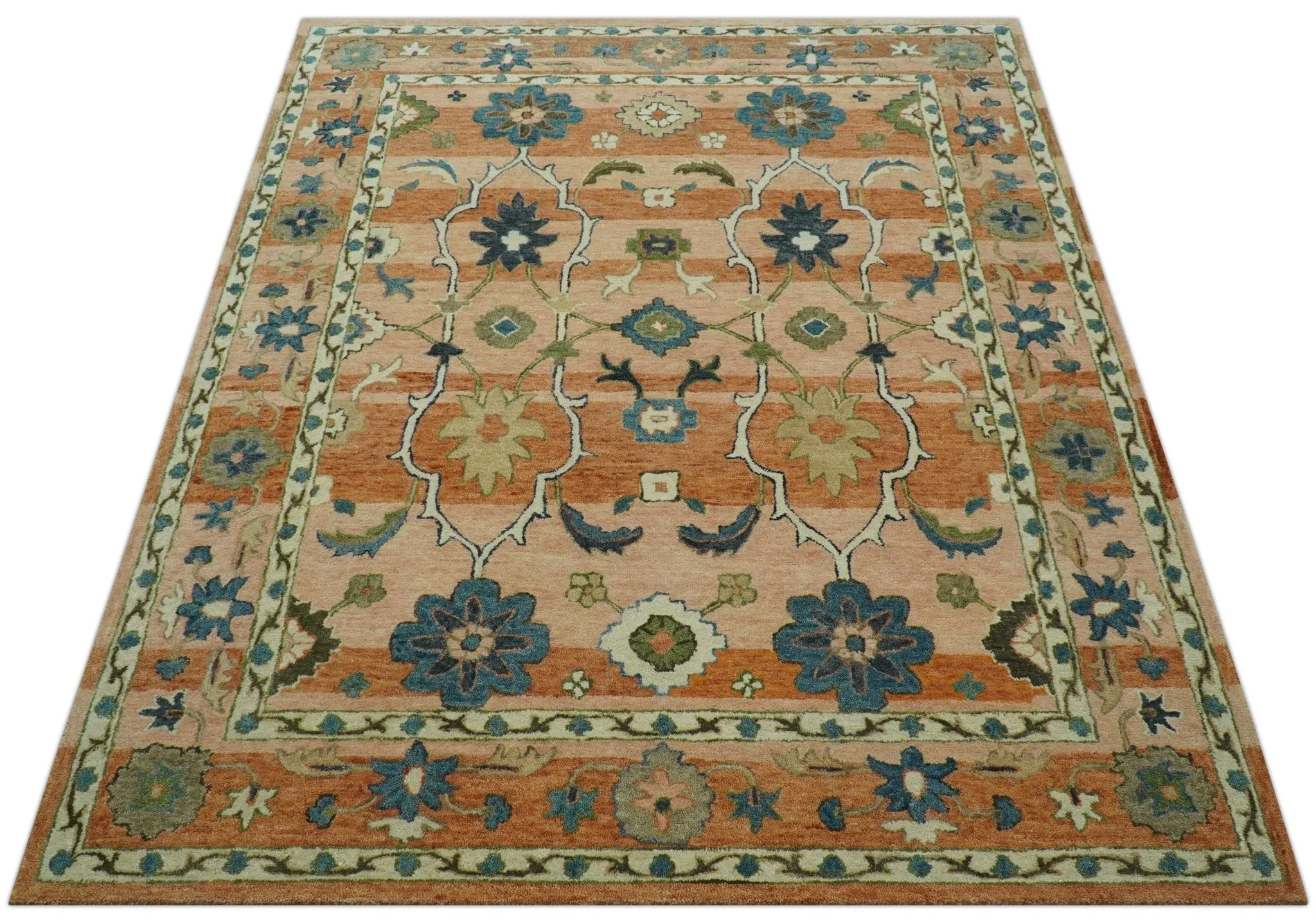 Custom Made Transitional Peach and Blue Hand Tufted Wool Area Rug - Image 10