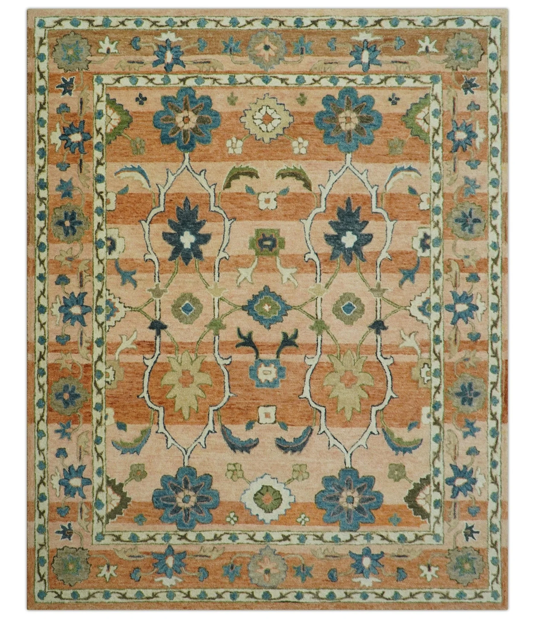 Custom Made Transitional Peach and Blue Hand Tufted Wool Area Rug - Image 2