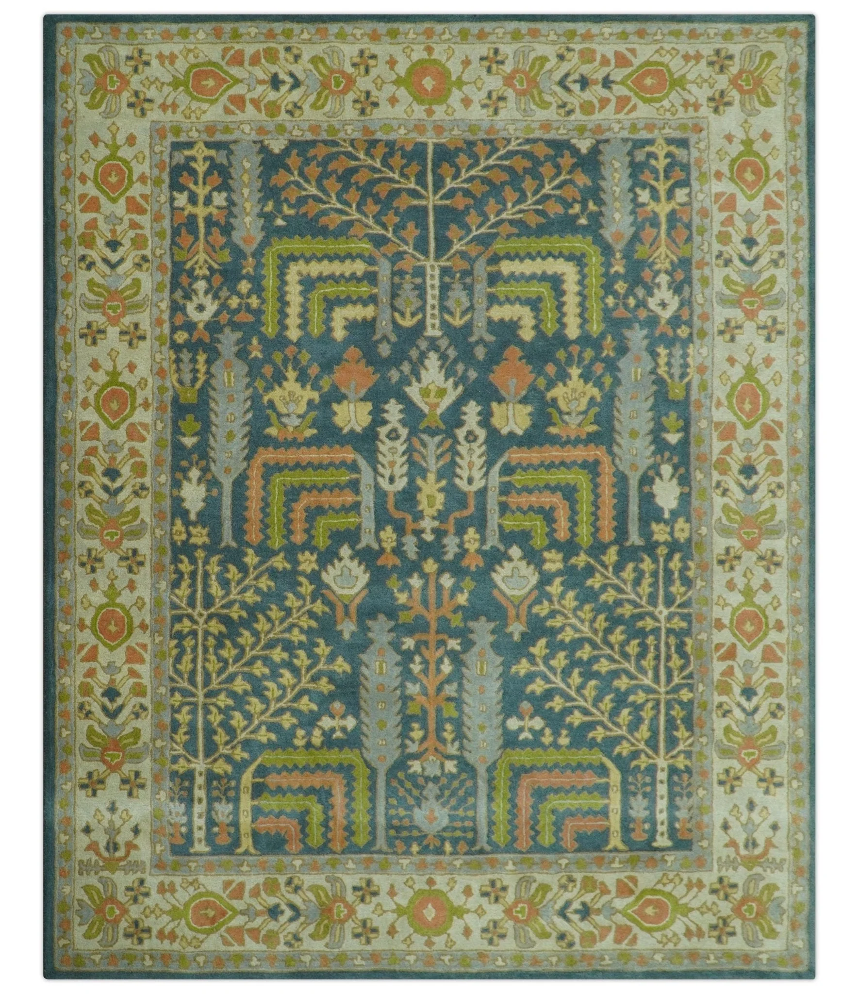 Custom Made Tree of Life Beige And Teal Floral Design Hand Tufted  Wool Area Rug - Image 10