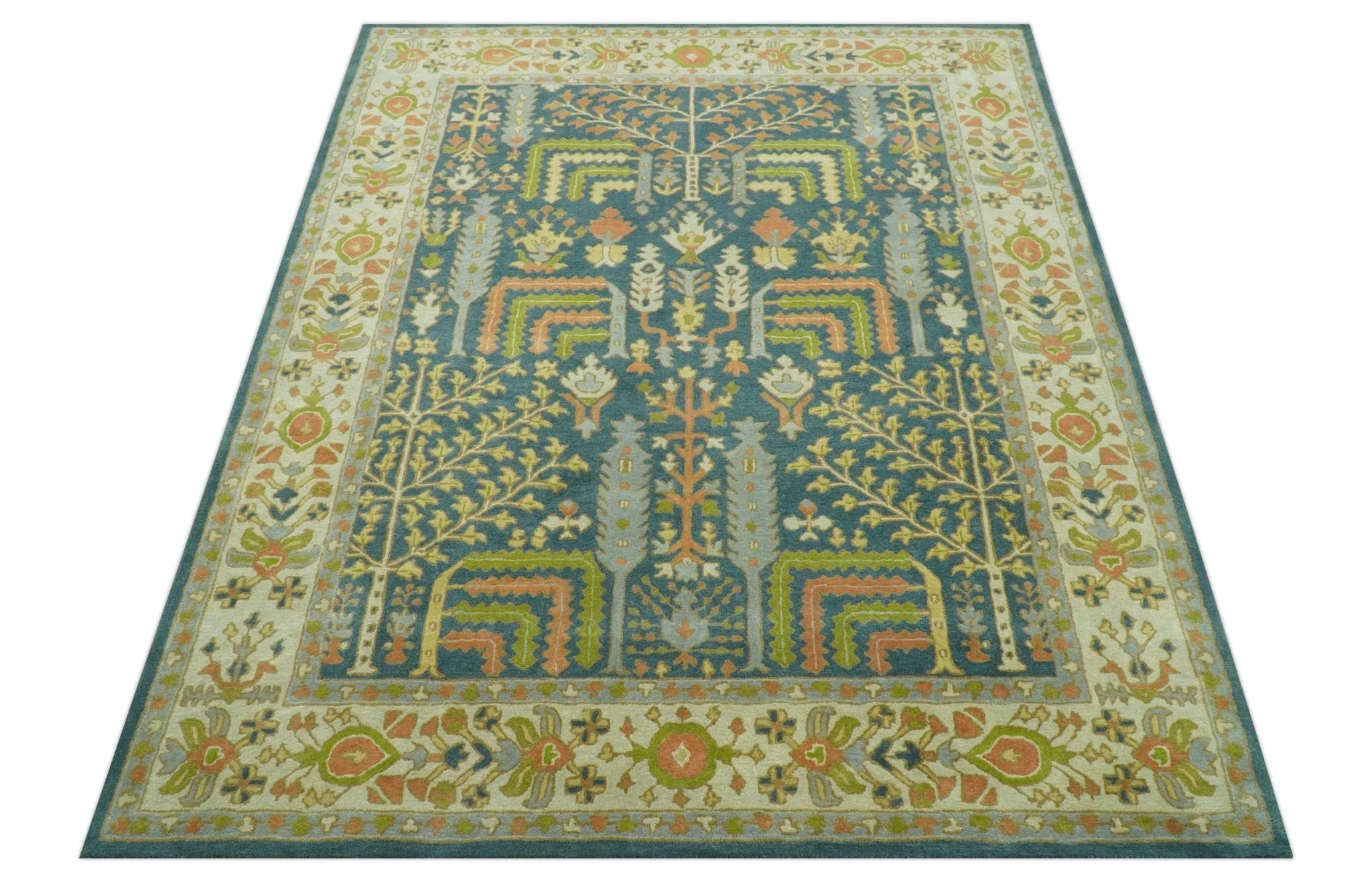 Custom Made Tree of Life Beige And Teal Floral Design Hand Tufted  Wool Area Rug - Image 12