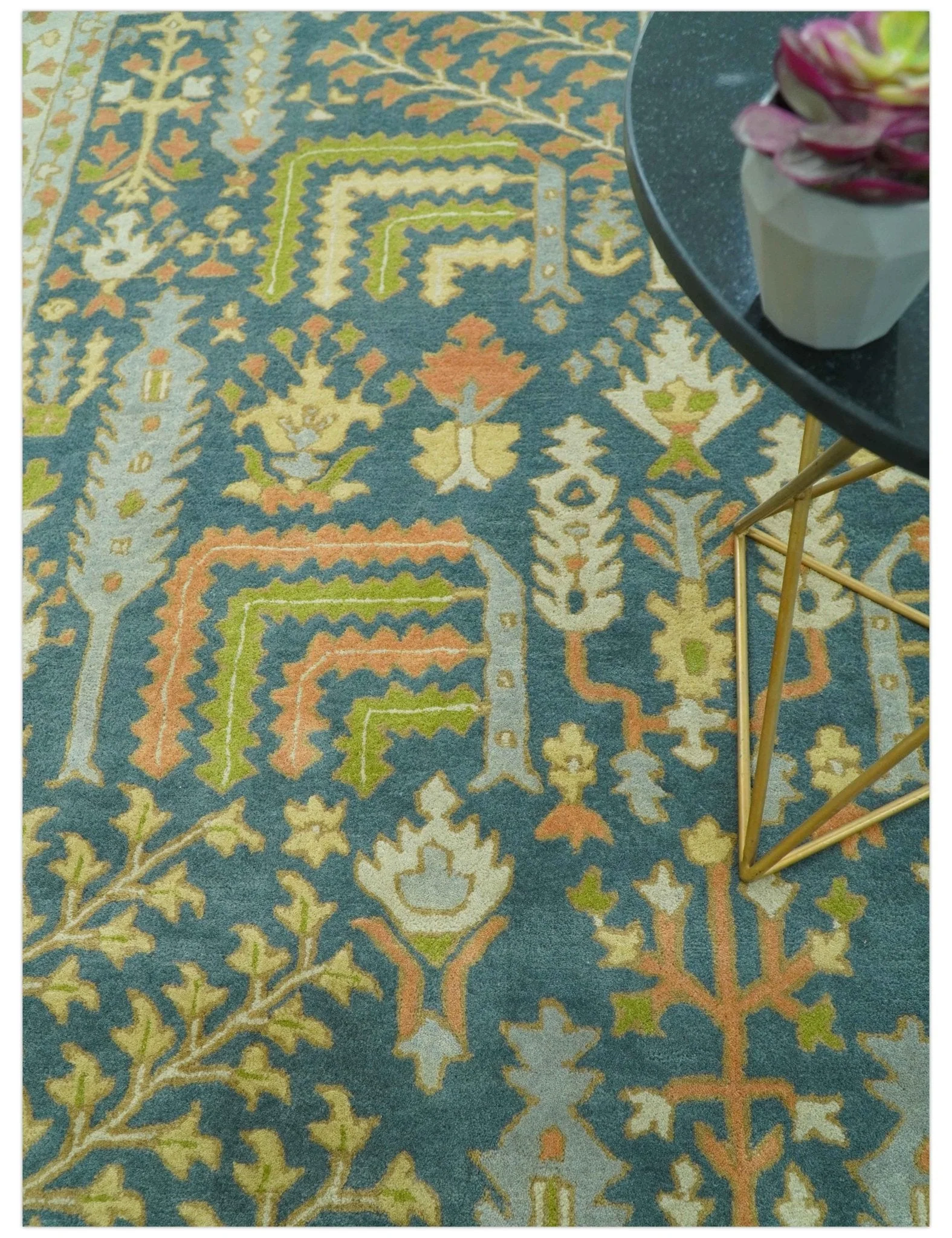 Custom Made Tree of Life Beige And Teal Floral Design Hand Tufted  Wool Area Rug - Image 3