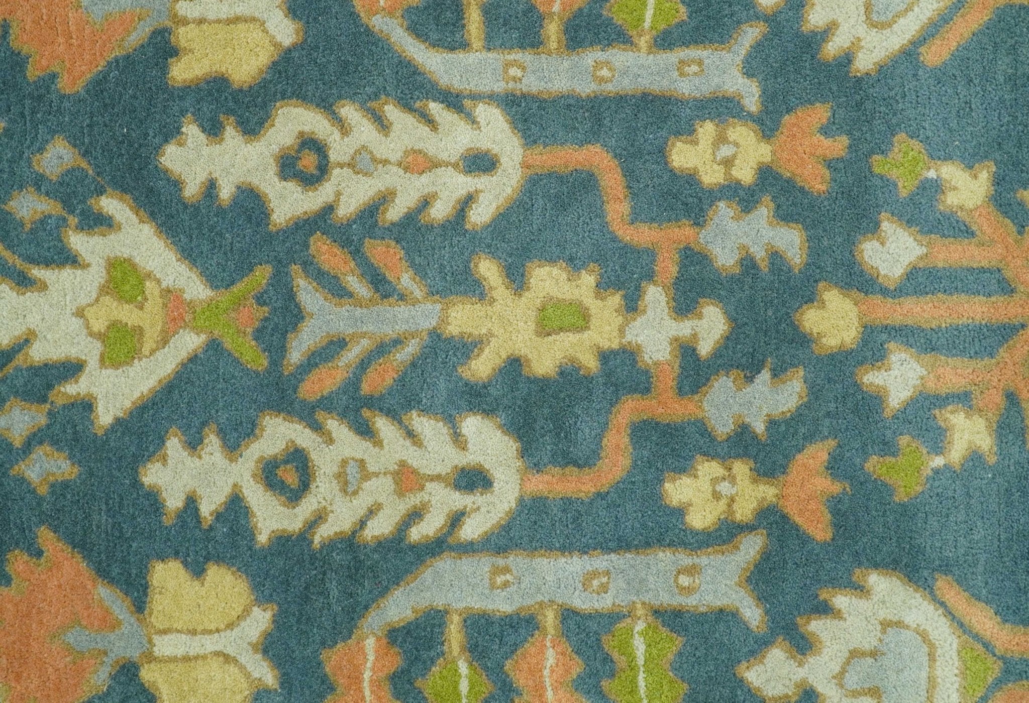 Custom Made Tree of Life Beige And Teal Floral Design Hand Tufted  Wool Area Rug - Image 5