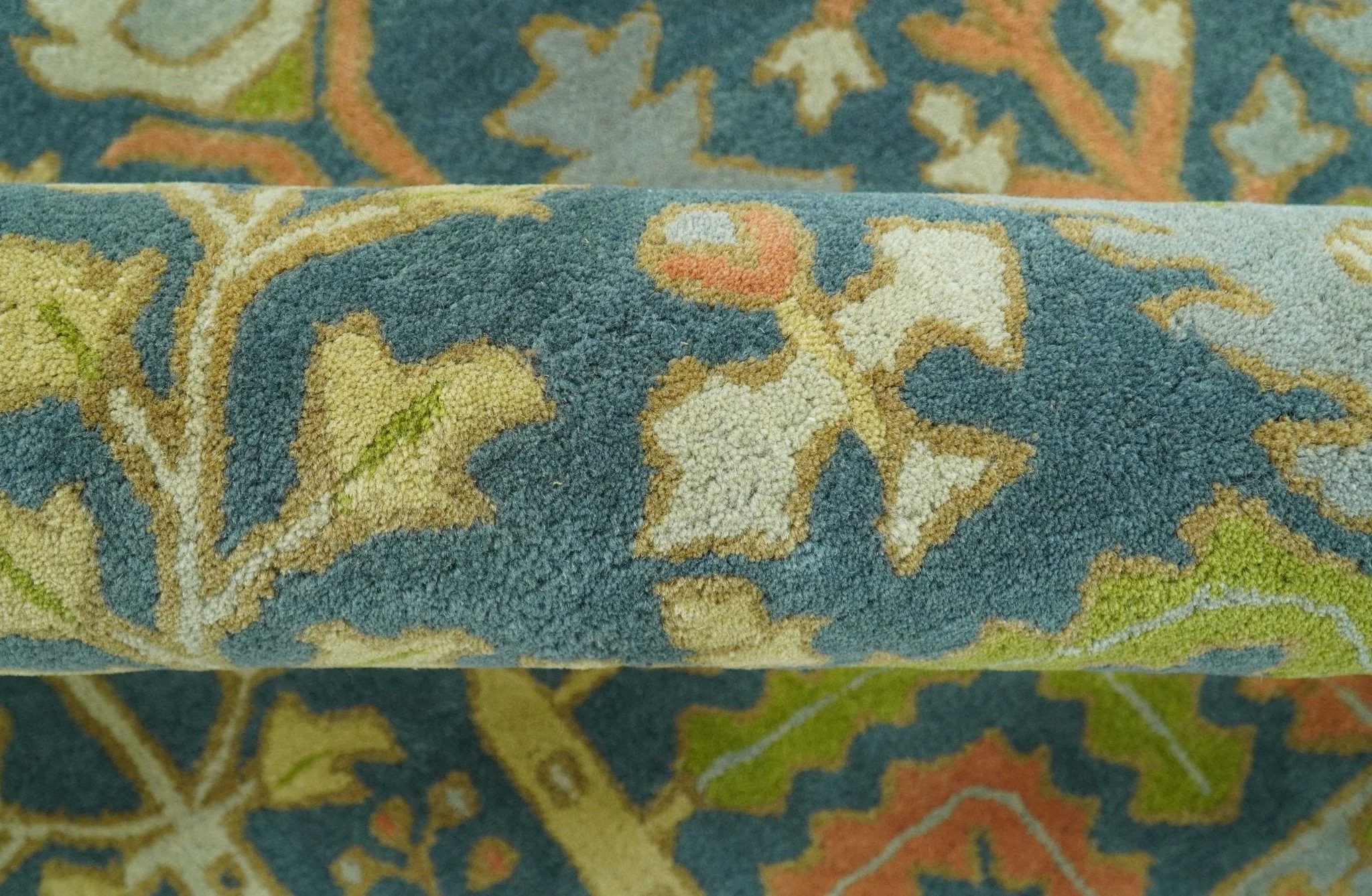 Custom Made Tree of Life Beige And Teal Floral Design Hand Tufted  Wool Area Rug - Image 9