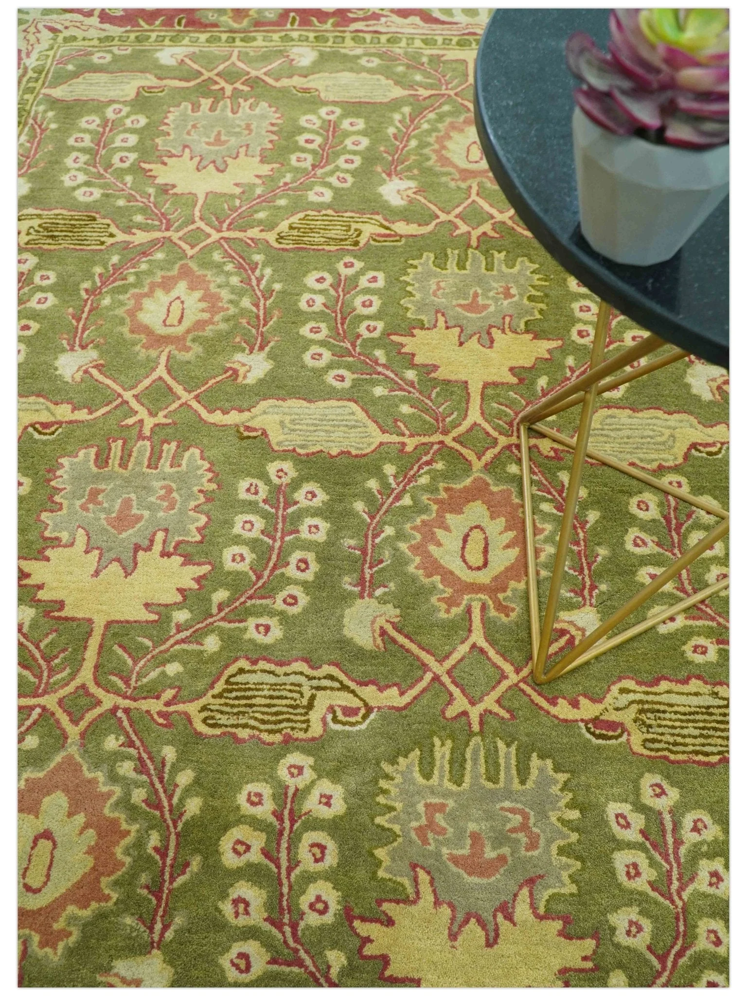 Custom Made Tree of life Green And Red Traditional Design Hand Tufted Wool Rug - Image 3