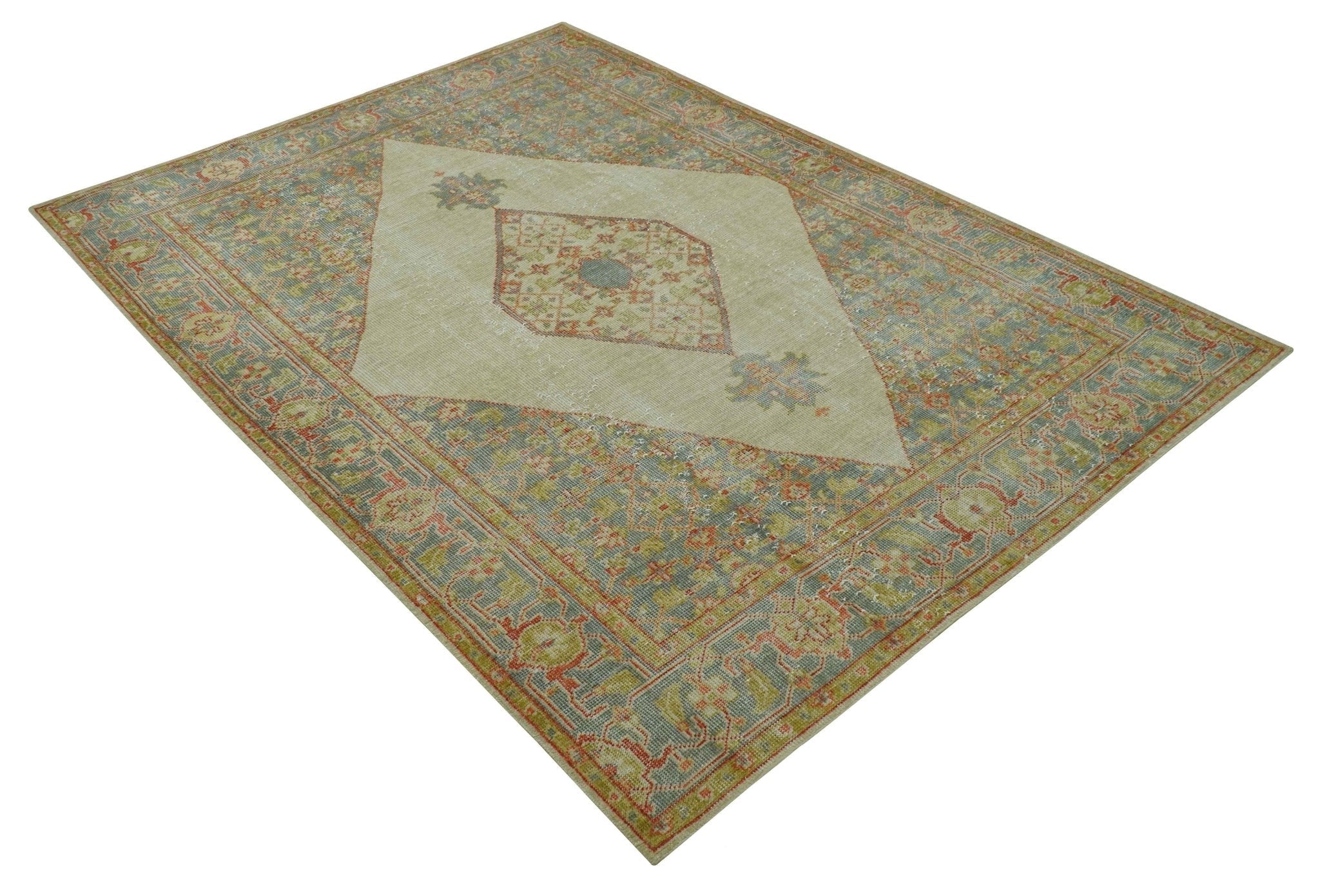 Custom Made Turkish Design Beige and Blue Hand Knotted Wool Rug - Image 11