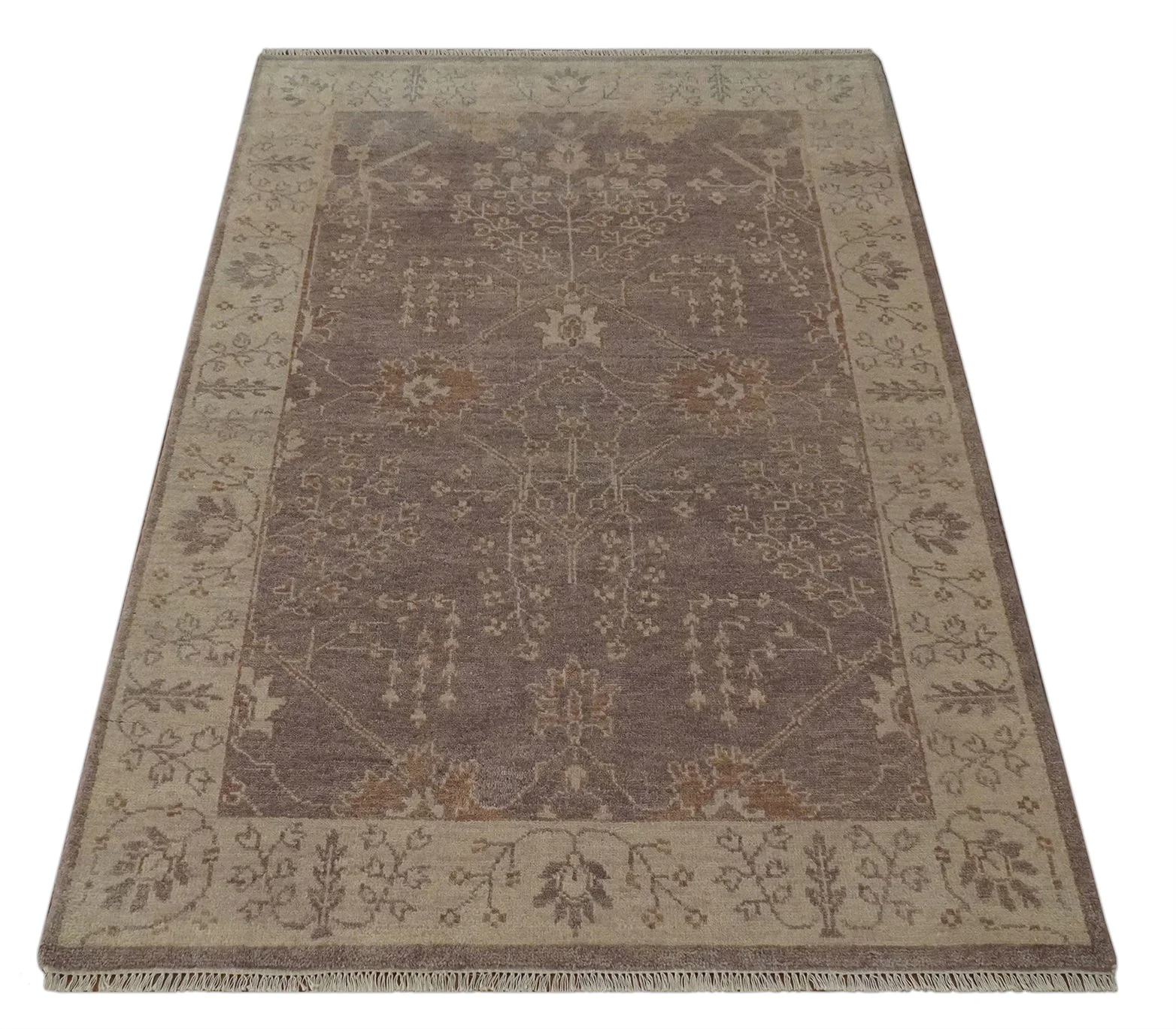 Custom Made Vintage Style Tree of life Brown And Beige Hand Knotted Wool Rug - Image 9