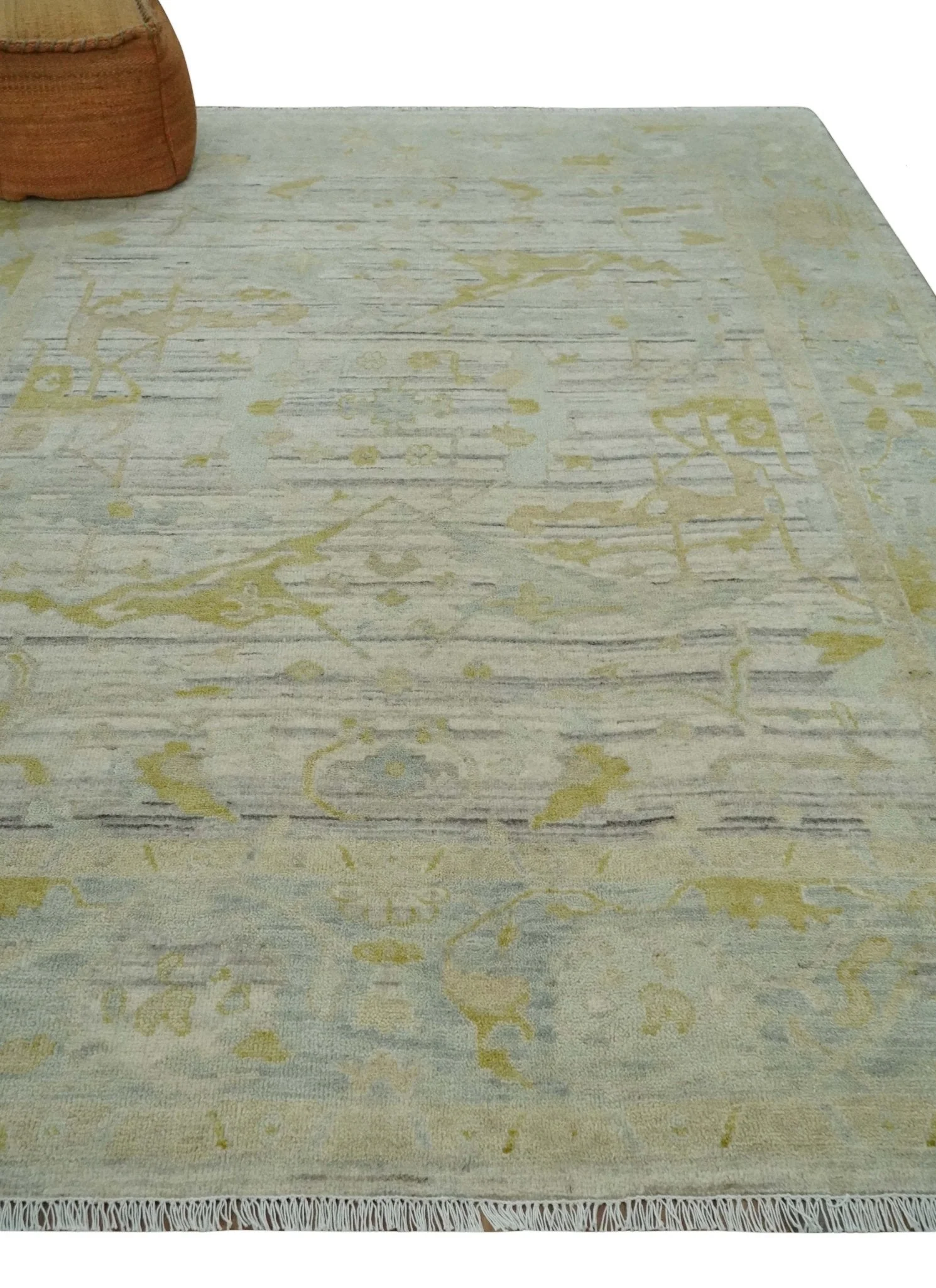 Custom Made Washed Out Hand Knotted Antique Ivory, Silver and Olive Traditional Wool Rug - Image 3