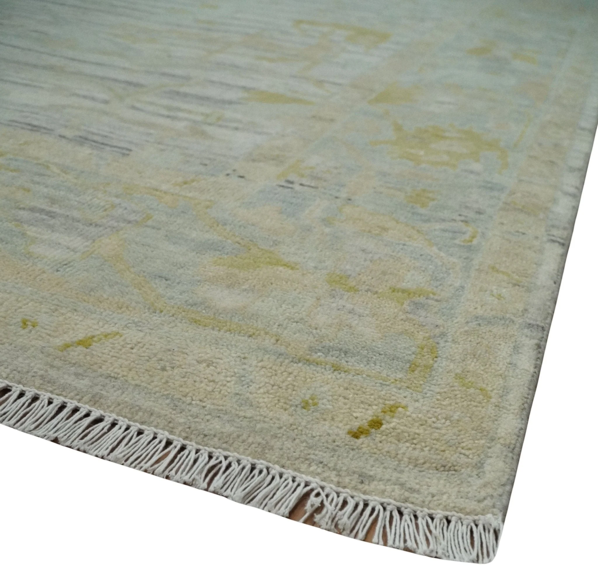 Custom Made Washed Out Hand Knotted Antique Ivory, Silver and Olive Traditional Wool Rug - Image 5