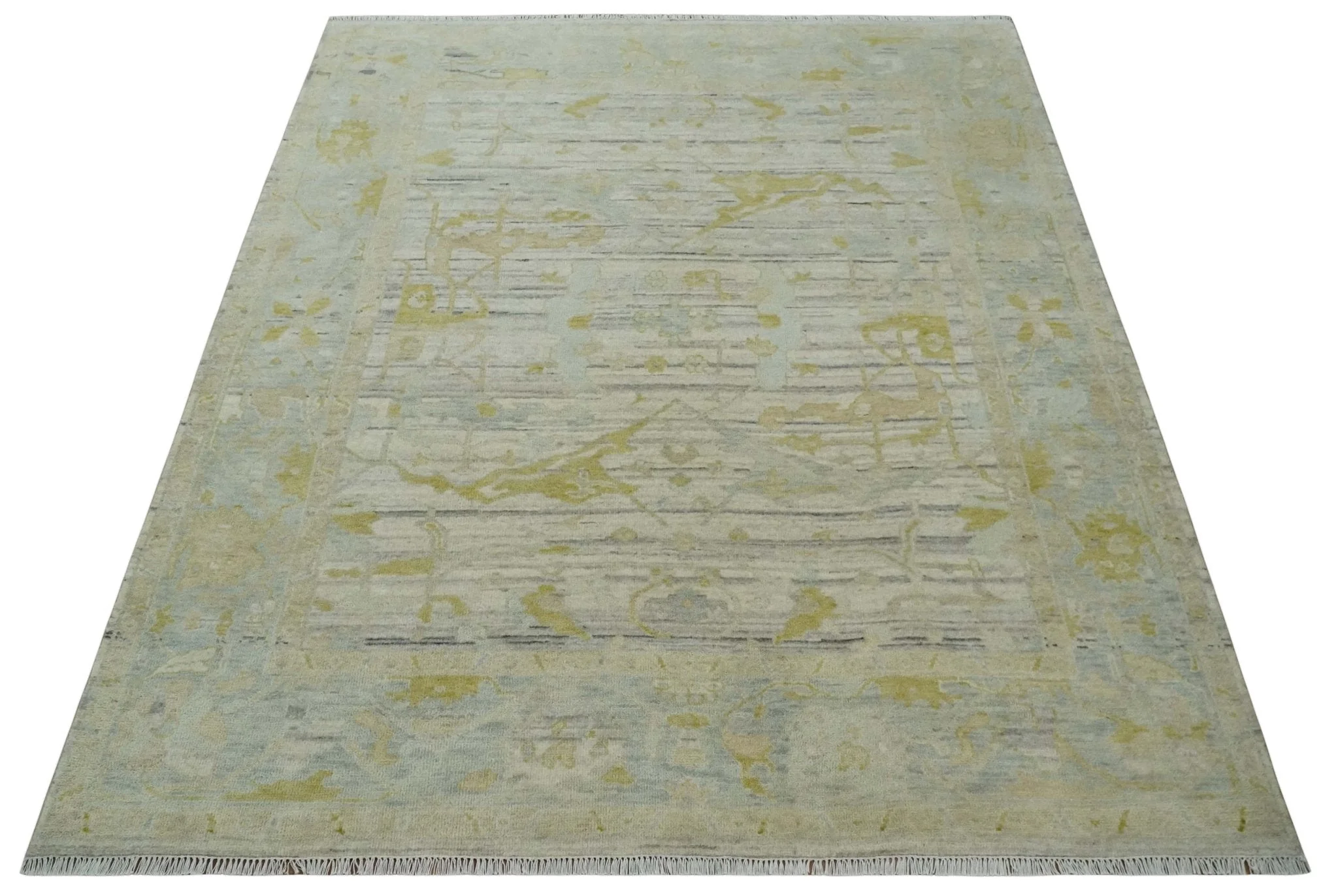Custom Made Washed Out Hand Knotted Antique Ivory, Silver and Olive Traditional Wool Rug - Image 8
