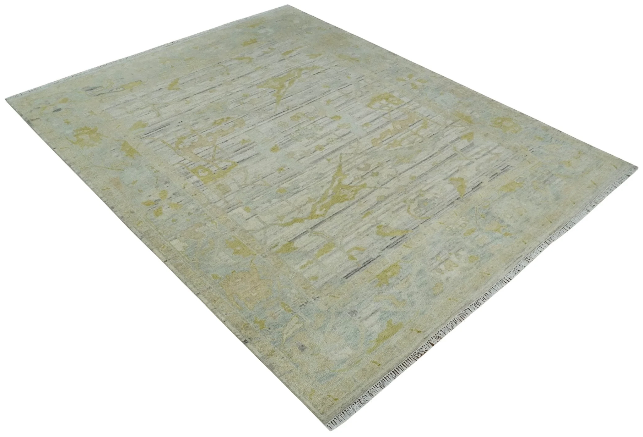 Custom Made Washed Out Hand Knotted Antique Ivory, Silver and Olive Traditional Wool Rug - Image 9
