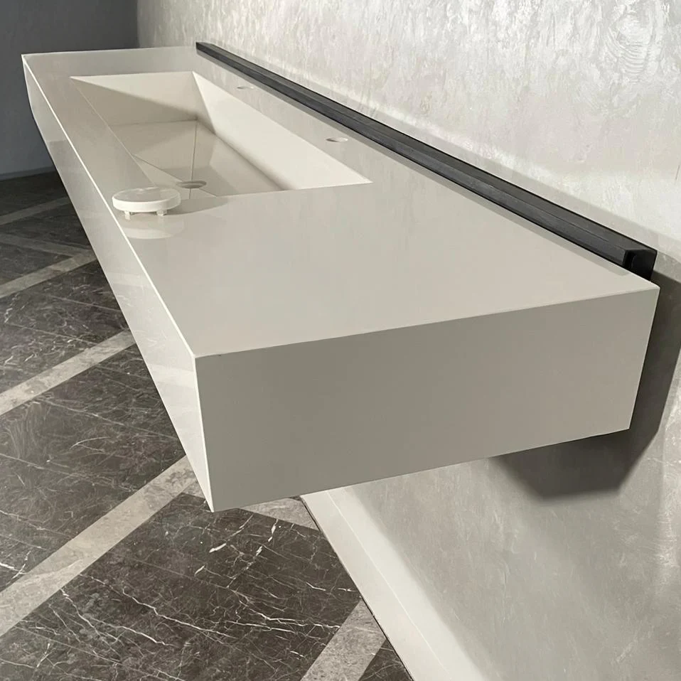 Custom White Quartz Large Bathroom Trough Sink: Wall Mount Vanity (QU-95) - Image 10