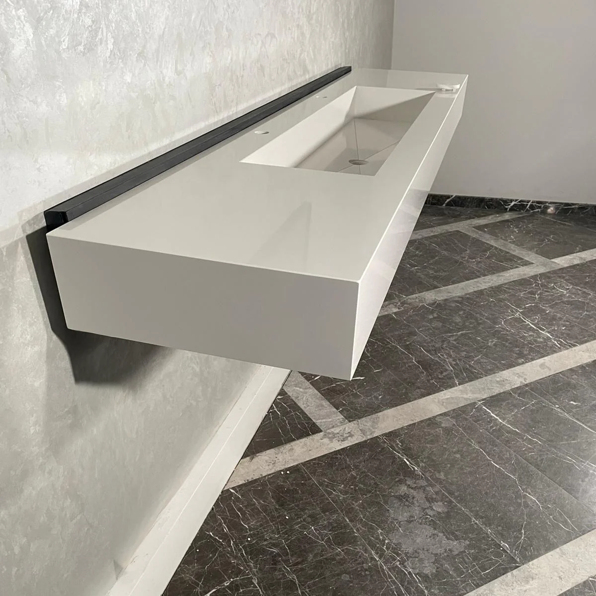 Custom White Quartz Large Bathroom Trough Sink: Wall Mount Vanity (QU-95) - Image 11