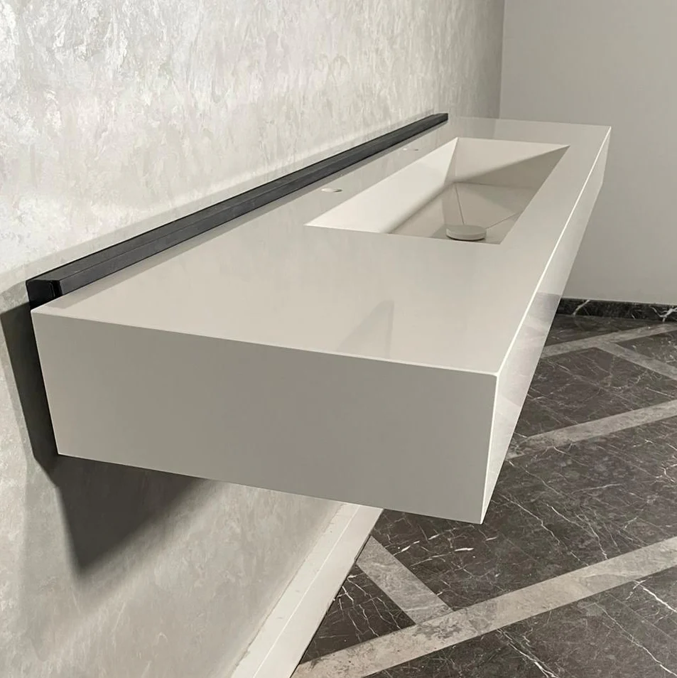 Custom White Quartz Large Bathroom Trough Sink: Wall Mount Vanity (QU-95) - Image 2