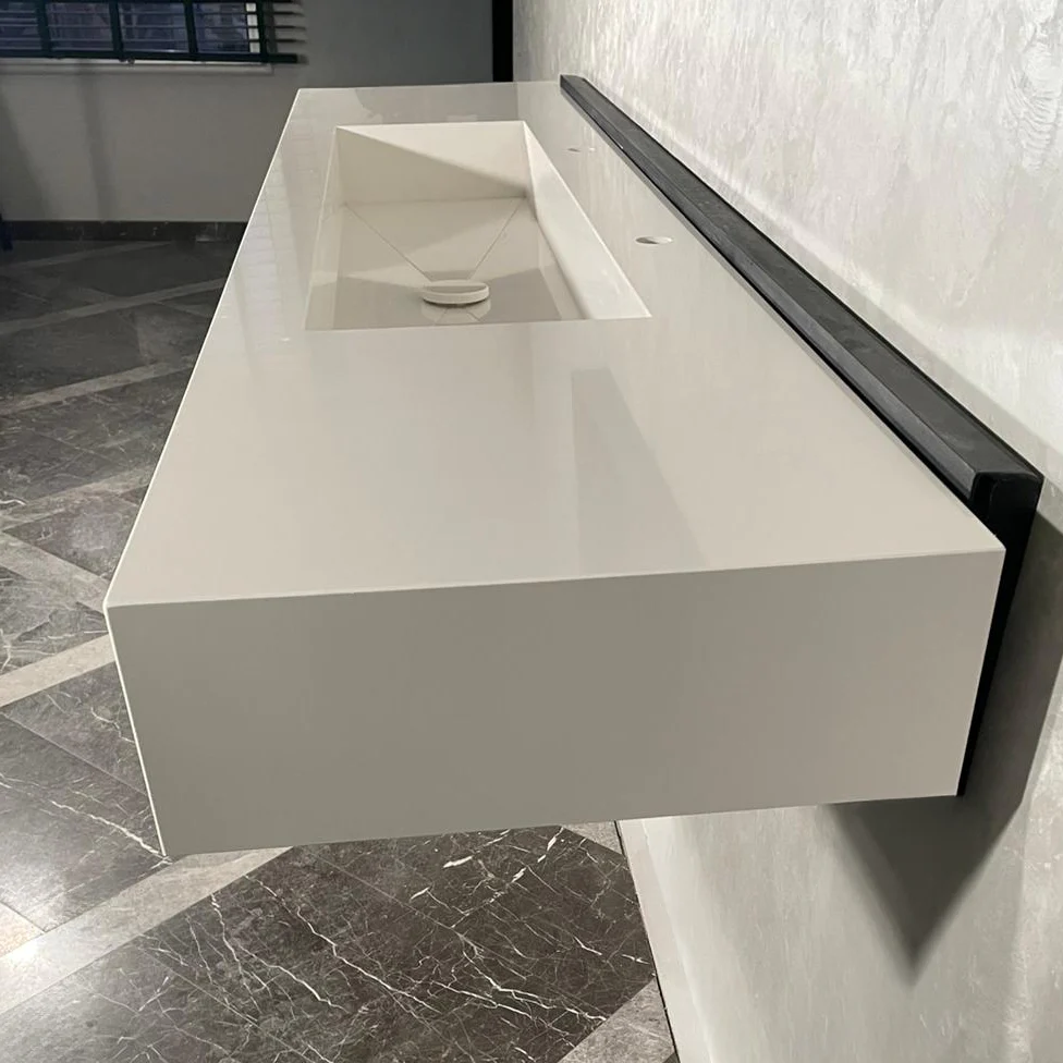 Custom White Quartz Large Bathroom Trough Sink: Wall Mount Vanity (QU-95) - Image 3