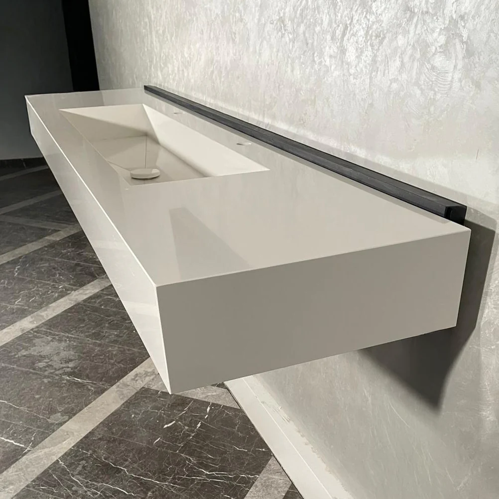 Custom White Quartz Large Bathroom Trough Sink: Wall Mount Vanity (QU-95) - Image 4