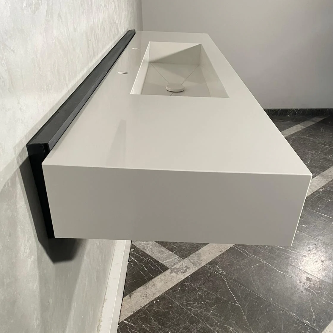 Custom White Quartz Large Bathroom Trough Sink: Wall Mount Vanity (QU-95) - Image 5