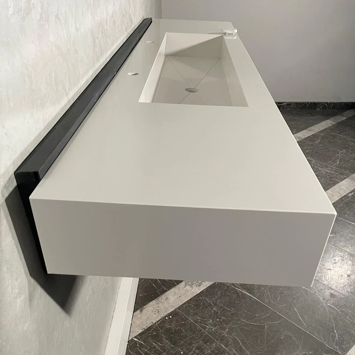 Custom White Quartz Large Bathroom Trough Sink: Wall Mount Vanity (QU-95) - Image 6