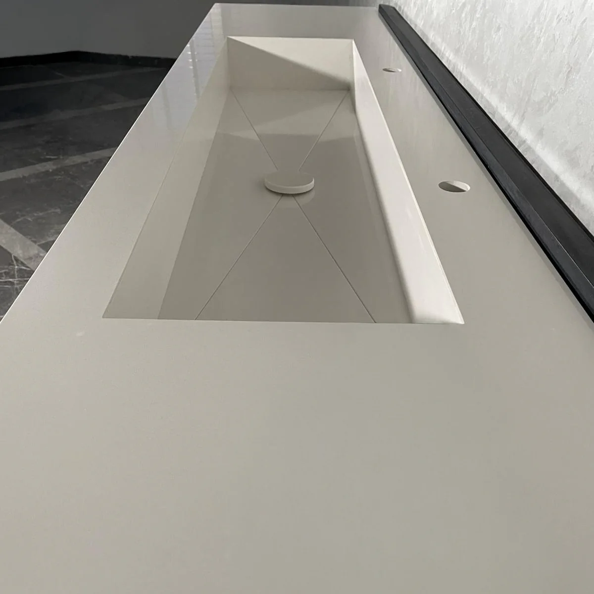 Custom White Quartz Large Bathroom Trough Sink: Wall Mount Vanity (QU-95) - Image 8