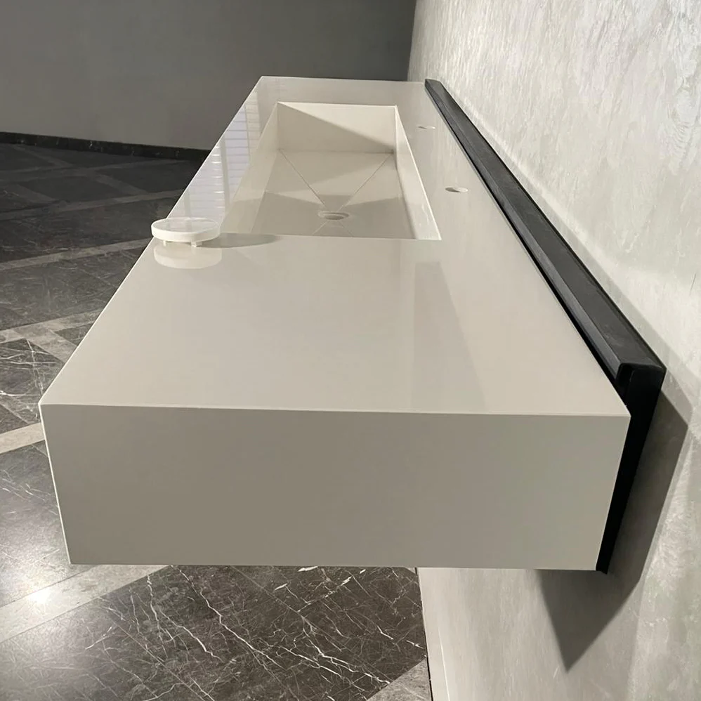 Custom White Quartz Large Bathroom Trough Sink: Wall Mount Vanity (QU-95) - Image 9