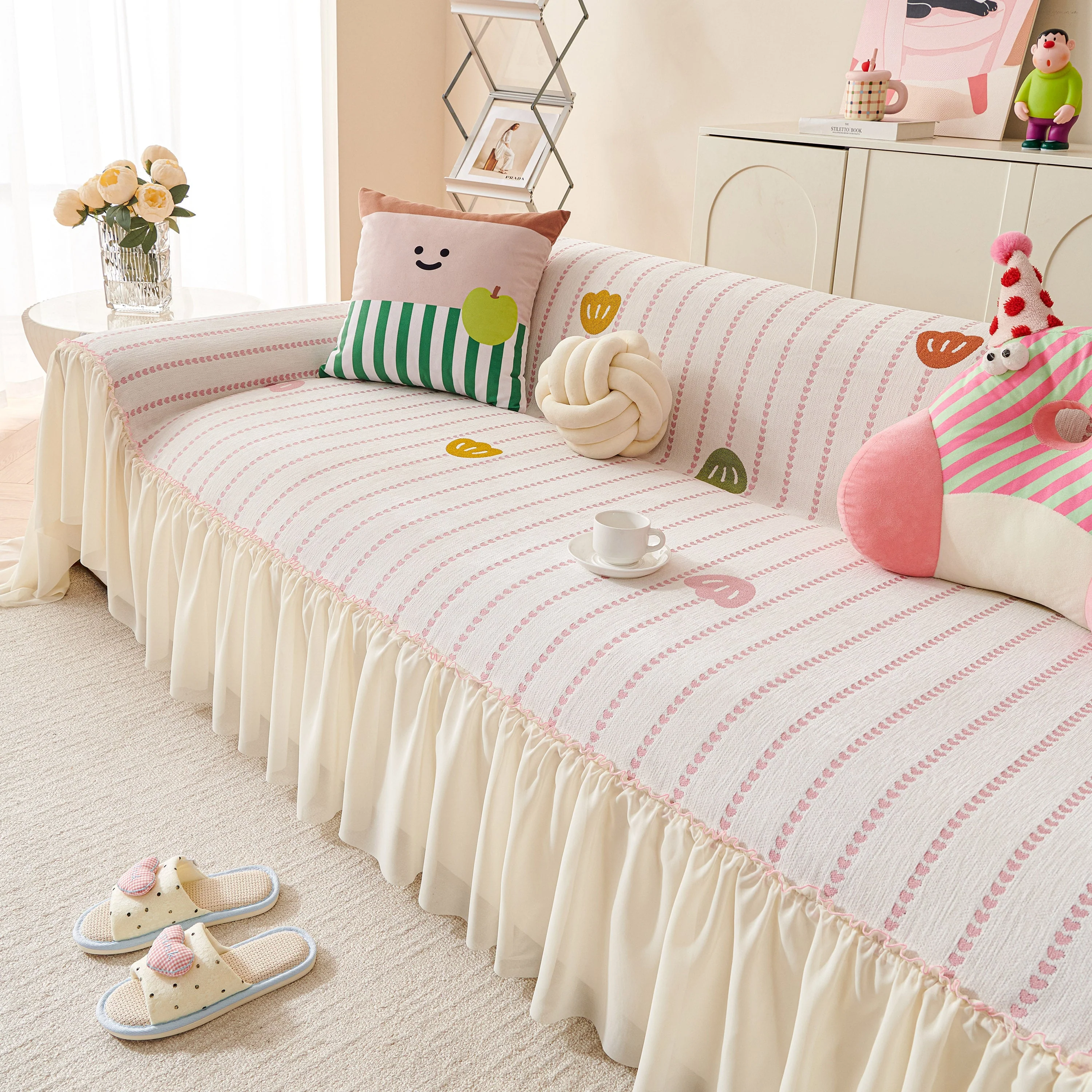 Cute Dotted Stripe Couch Protector, Non-Slip Washable Sofa Cover with Ruffled Skirt - Image 10