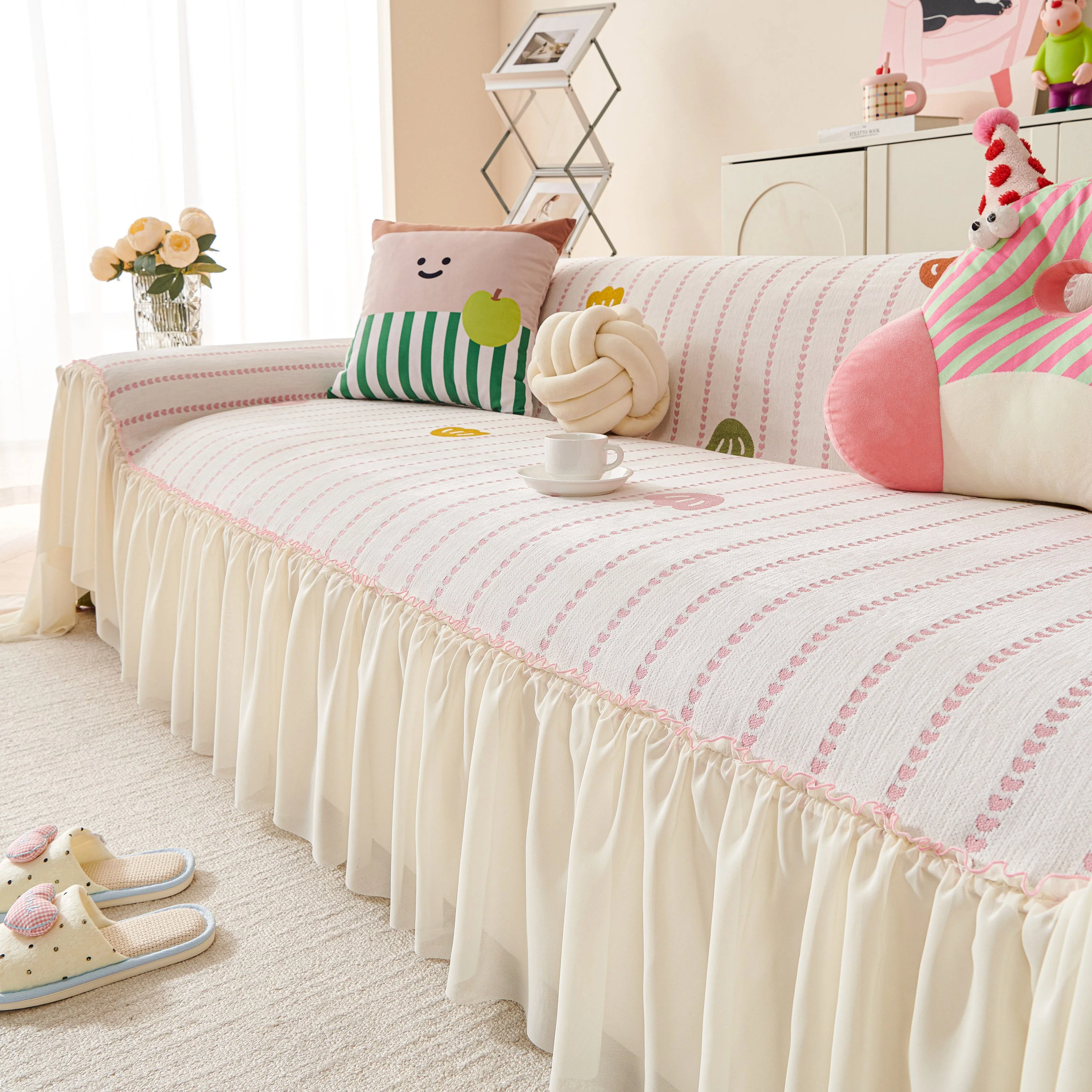 Cute Dotted Stripe Couch Protector, Non-Slip Washable Sofa Cover with Ruffled Skirt - Image 11
