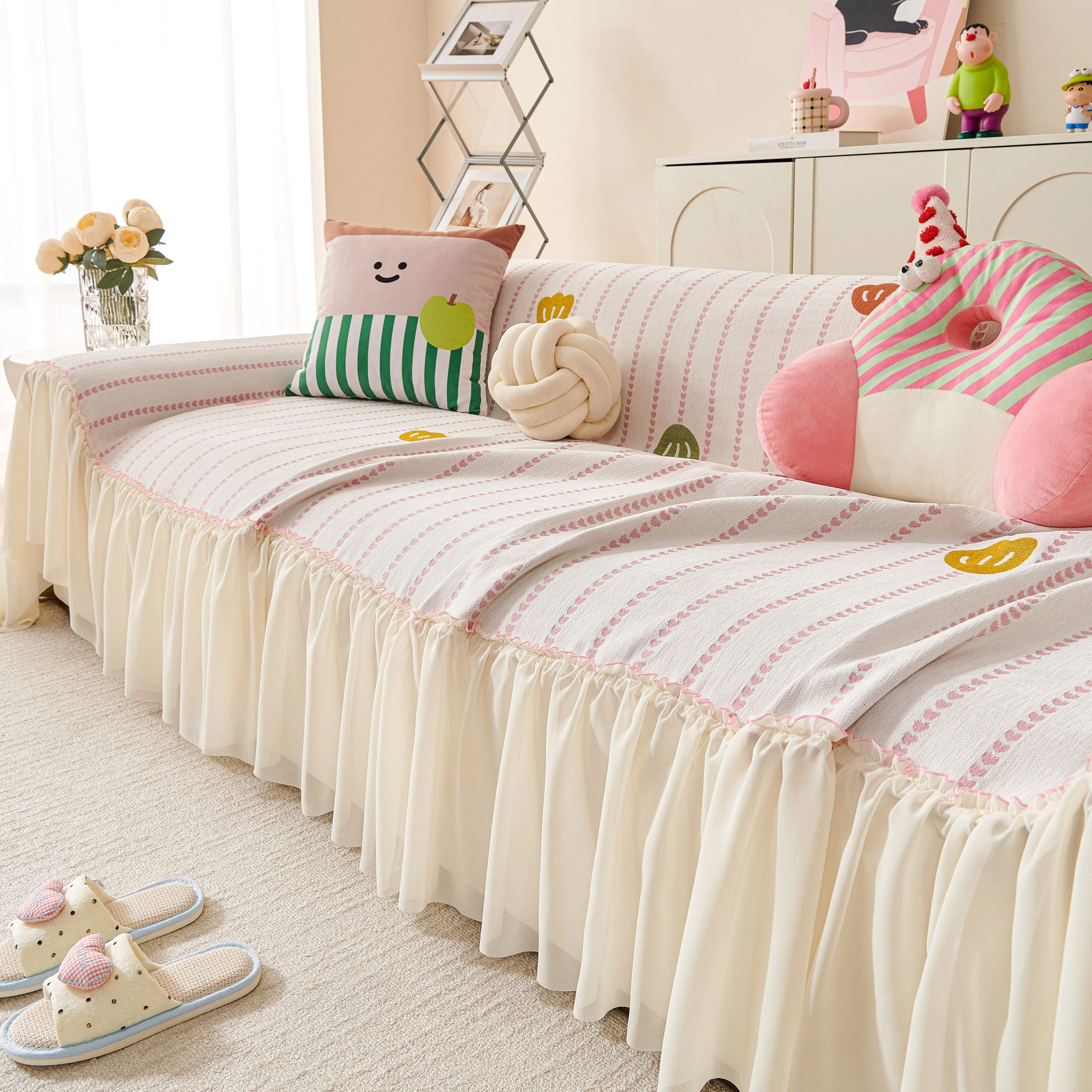 Cute Dotted Stripe Couch Protector, Non-Slip Washable Sofa Cover with Ruffled Skirt - Image 14