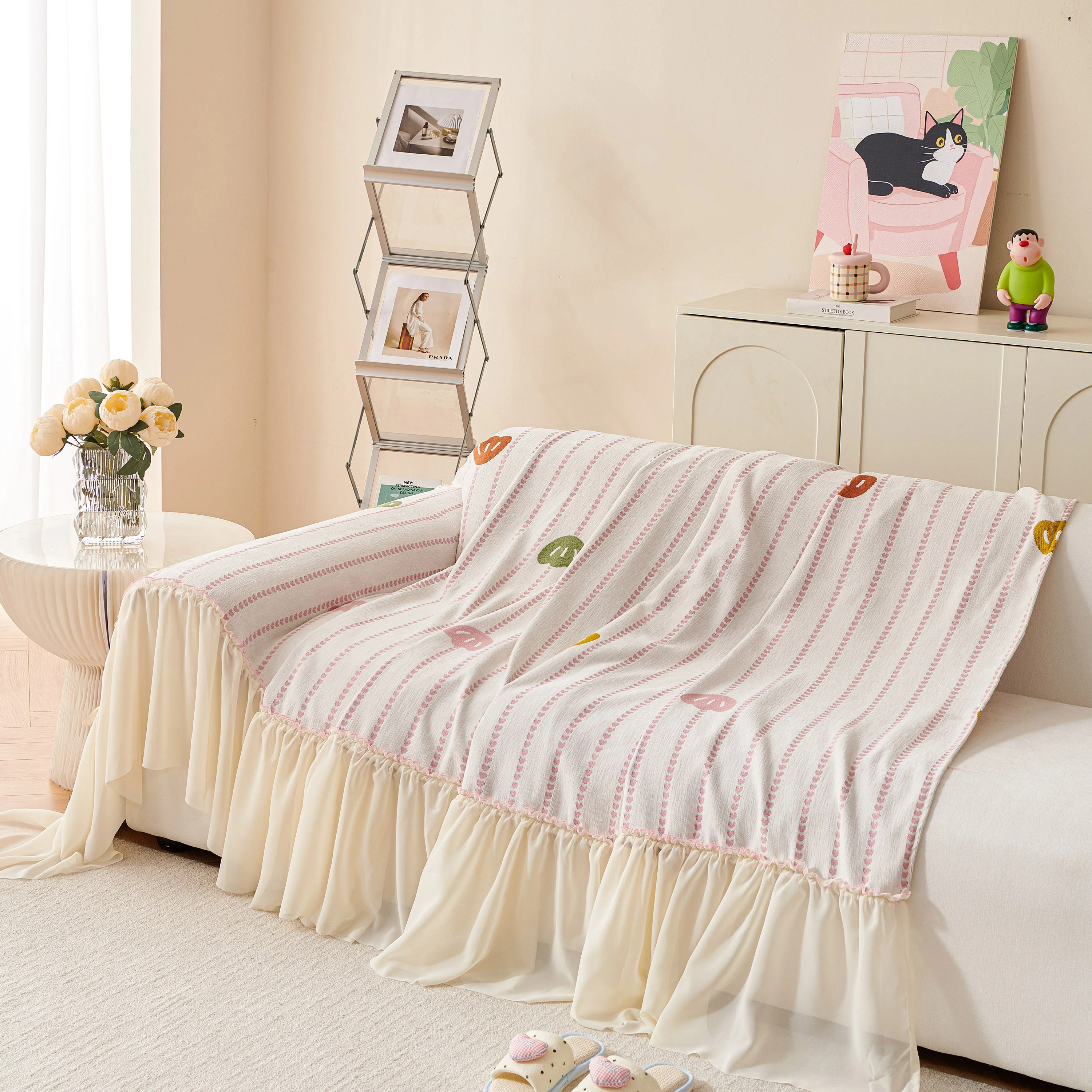 Cute Dotted Stripe Couch Protector, Non-Slip Washable Sofa Cover with Ruffled Skirt - Image 17