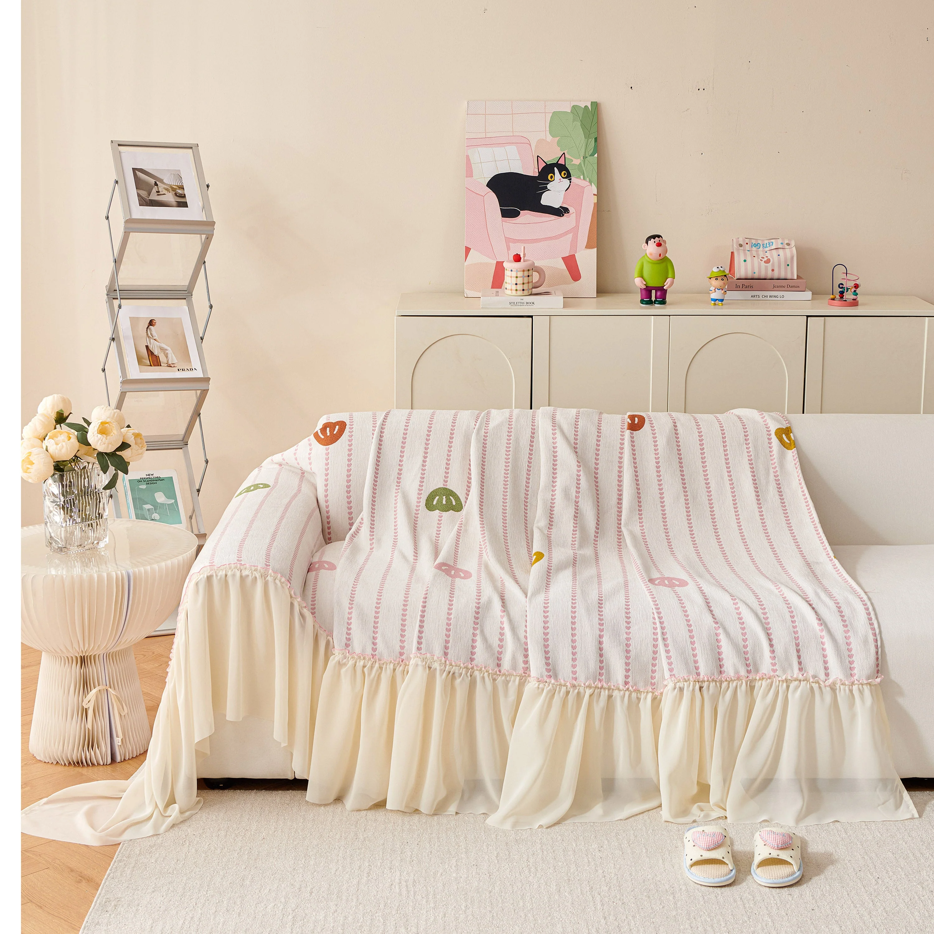 Cute Dotted Stripe Couch Protector, Non-Slip Washable Sofa Cover with Ruffled Skirt - Image 18