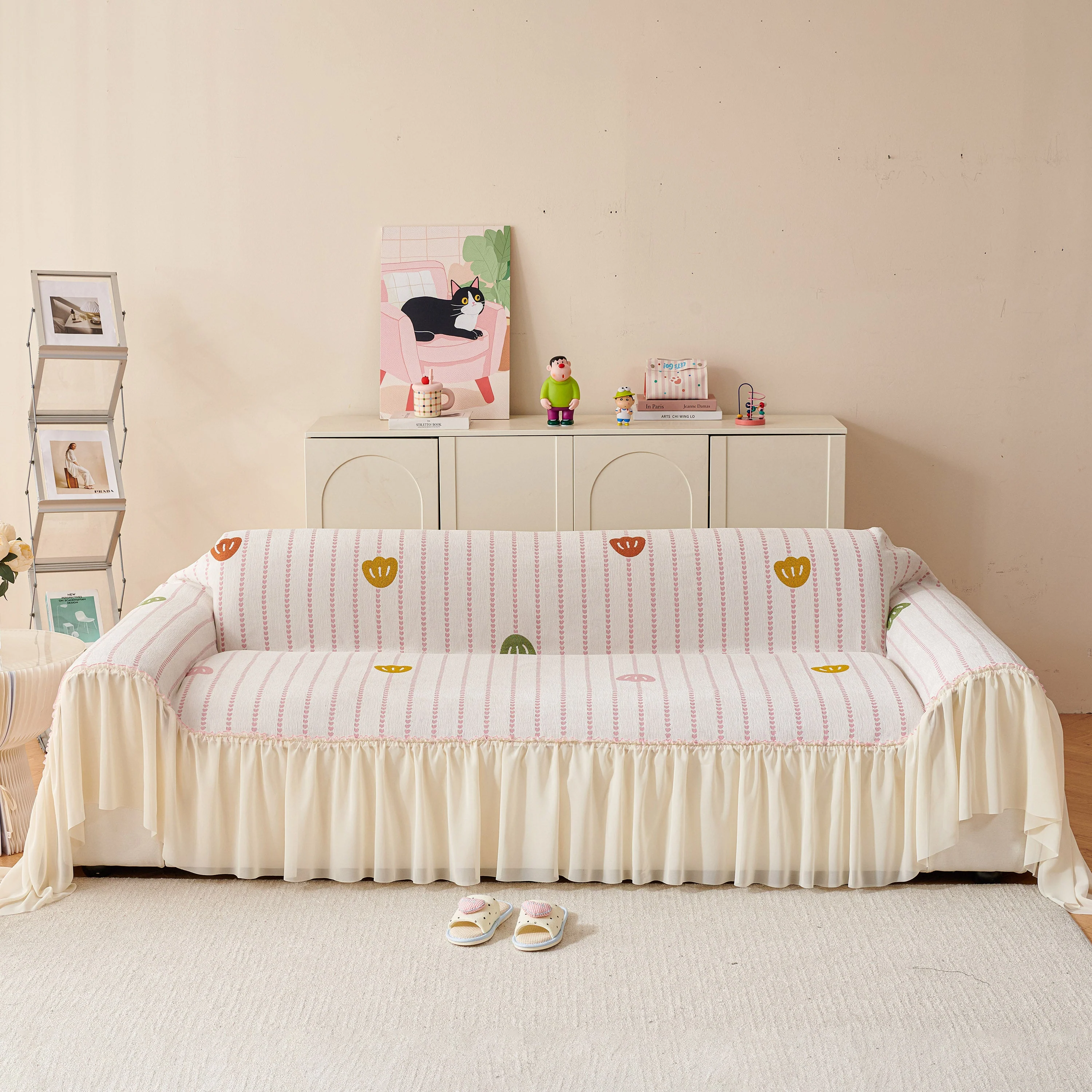 Cute Dotted Stripe Couch Protector, Non-Slip Washable Sofa Cover with Ruffled Skirt - Image 2