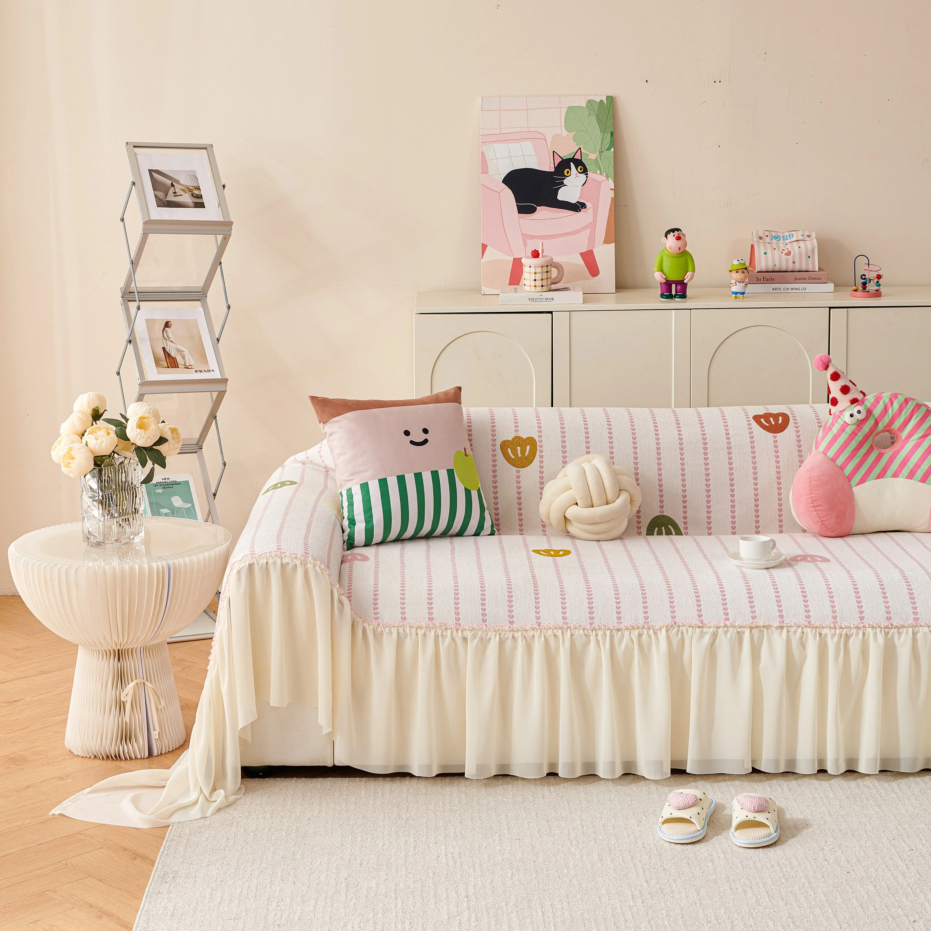 Cute Dotted Stripe Couch Protector, Non-Slip Washable Sofa Cover with Ruffled Skirt - Image 23