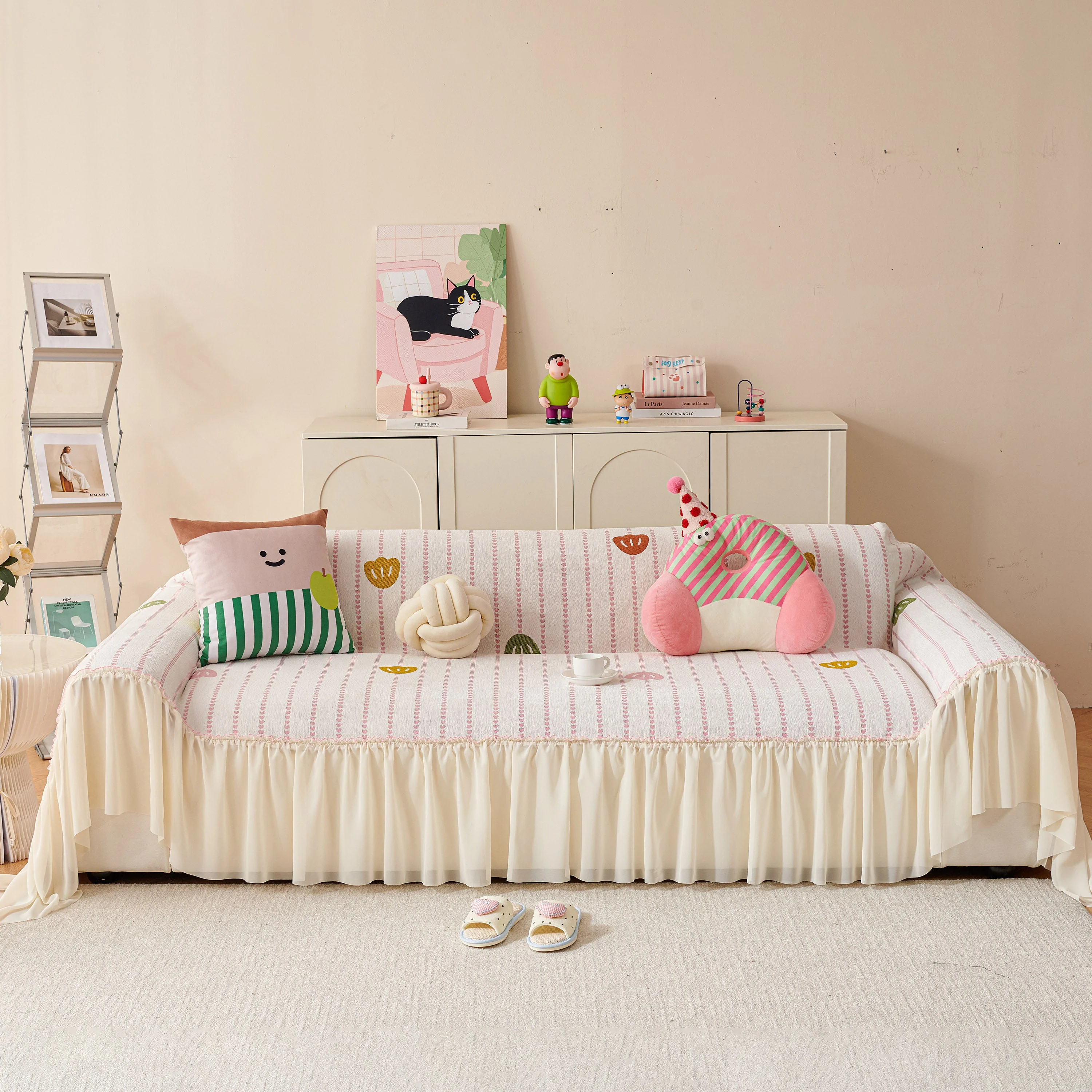Cute Dotted Stripe Couch Protector, Non-Slip Washable Sofa Cover with Ruffled Skirt - Image 24