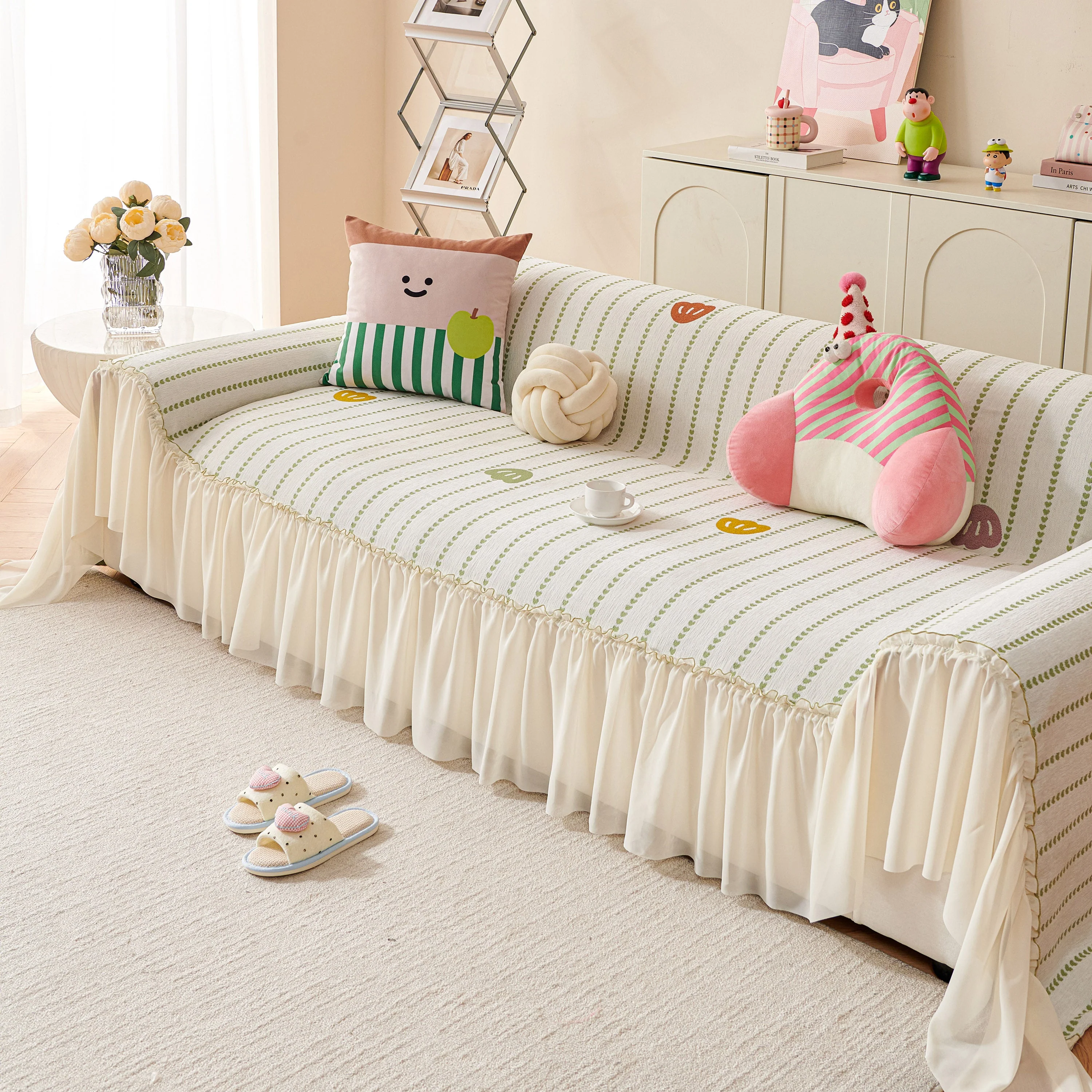 Cute Dotted Stripe Couch Protector, Non-Slip Washable Sofa Cover with Ruffled Skirt - Image 25