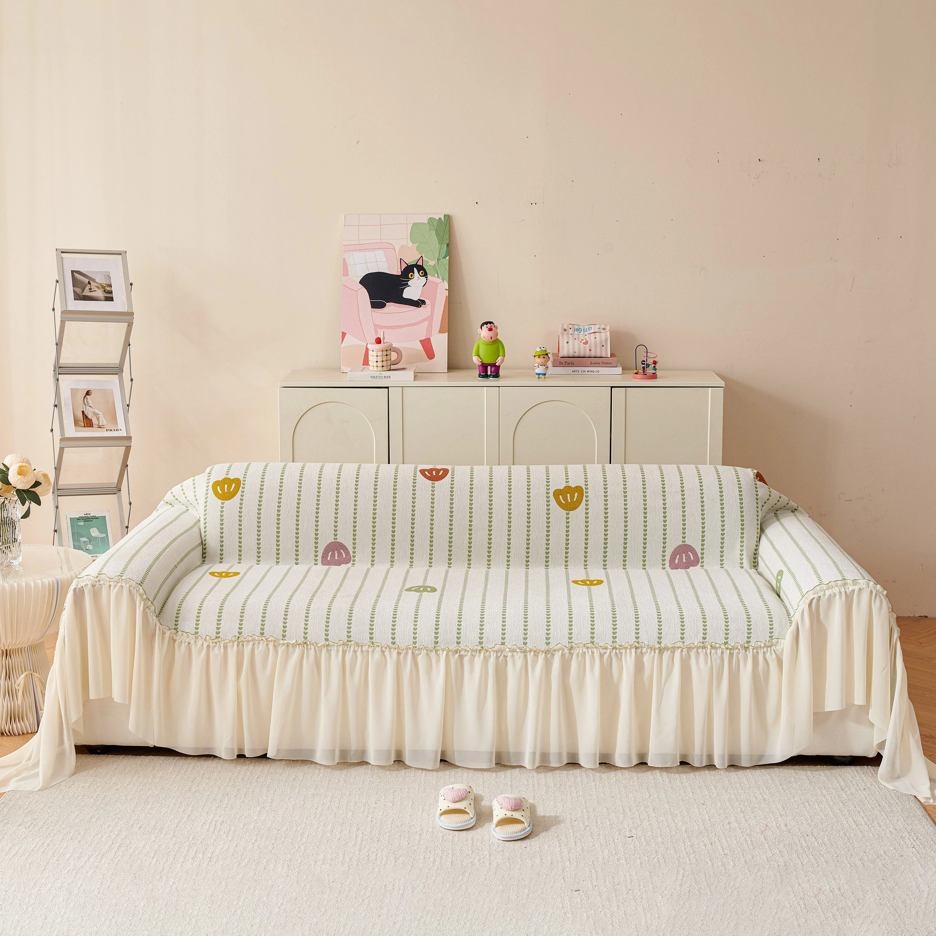 Cute Dotted Stripe Couch Protector, Non-Slip Washable Sofa Cover with Ruffled Skirt - Image 26