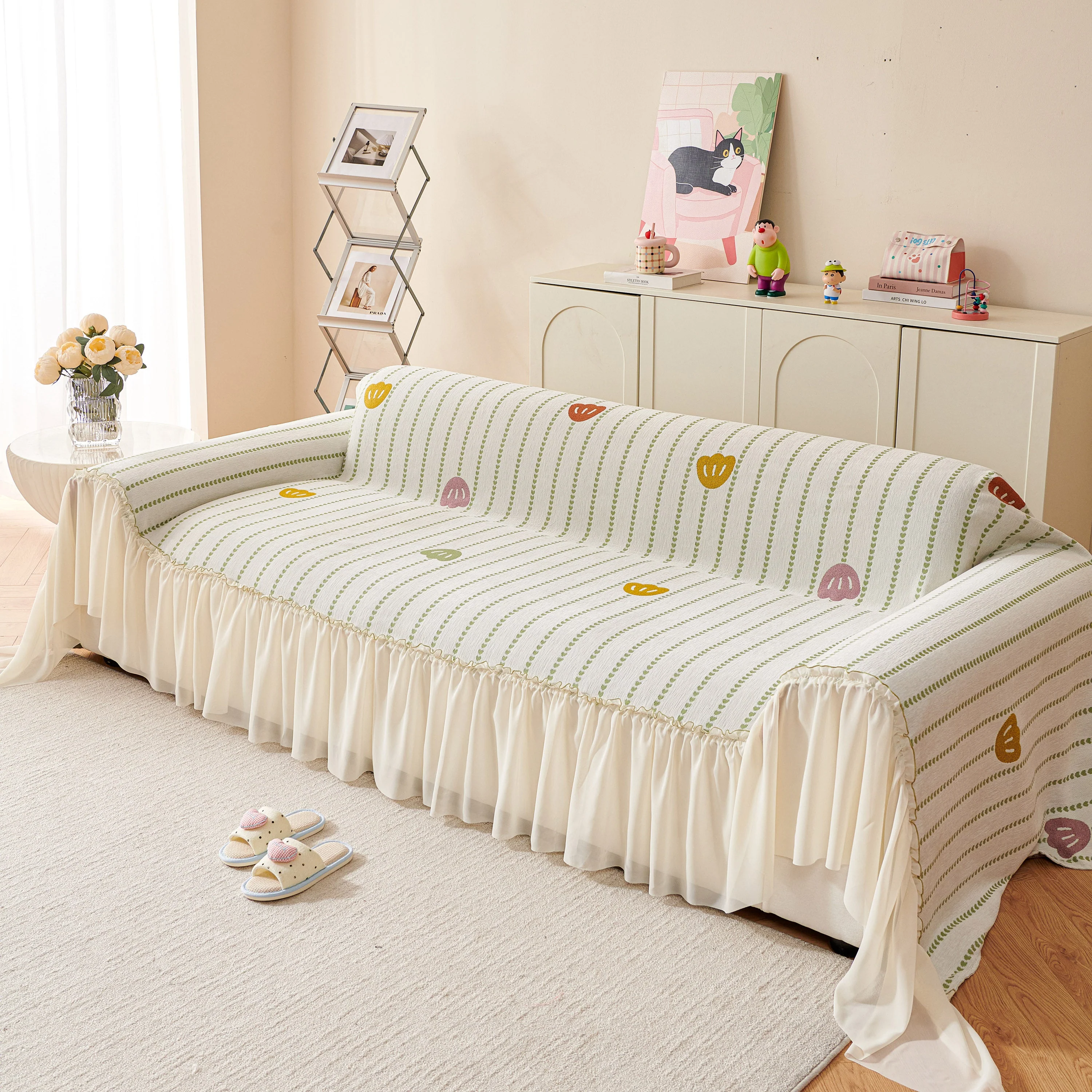 Cute Dotted Stripe Couch Protector, Non-Slip Washable Sofa Cover with Ruffled Skirt - Image 27