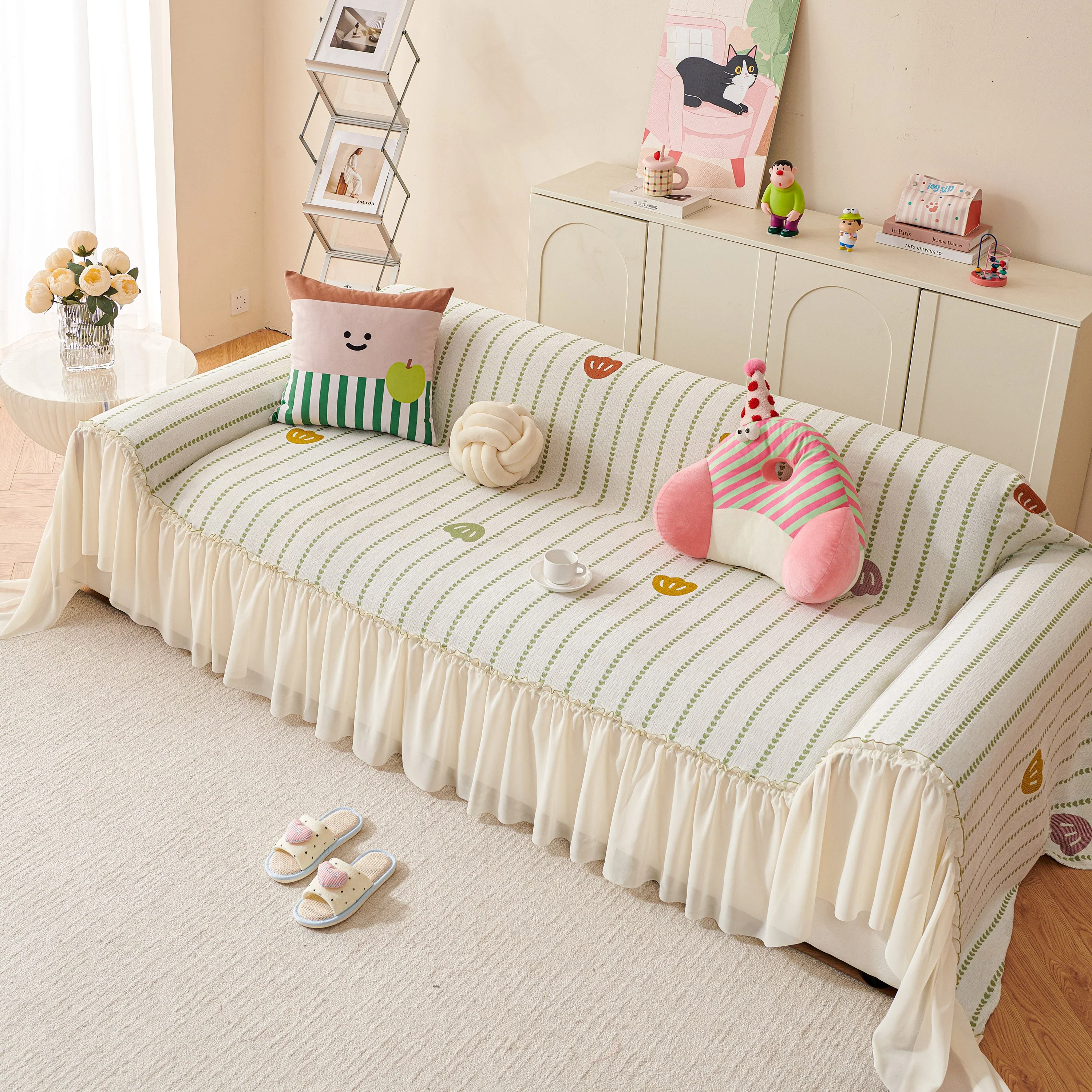 Cute Dotted Stripe Couch Protector, Non-Slip Washable Sofa Cover with Ruffled Skirt - Image 28