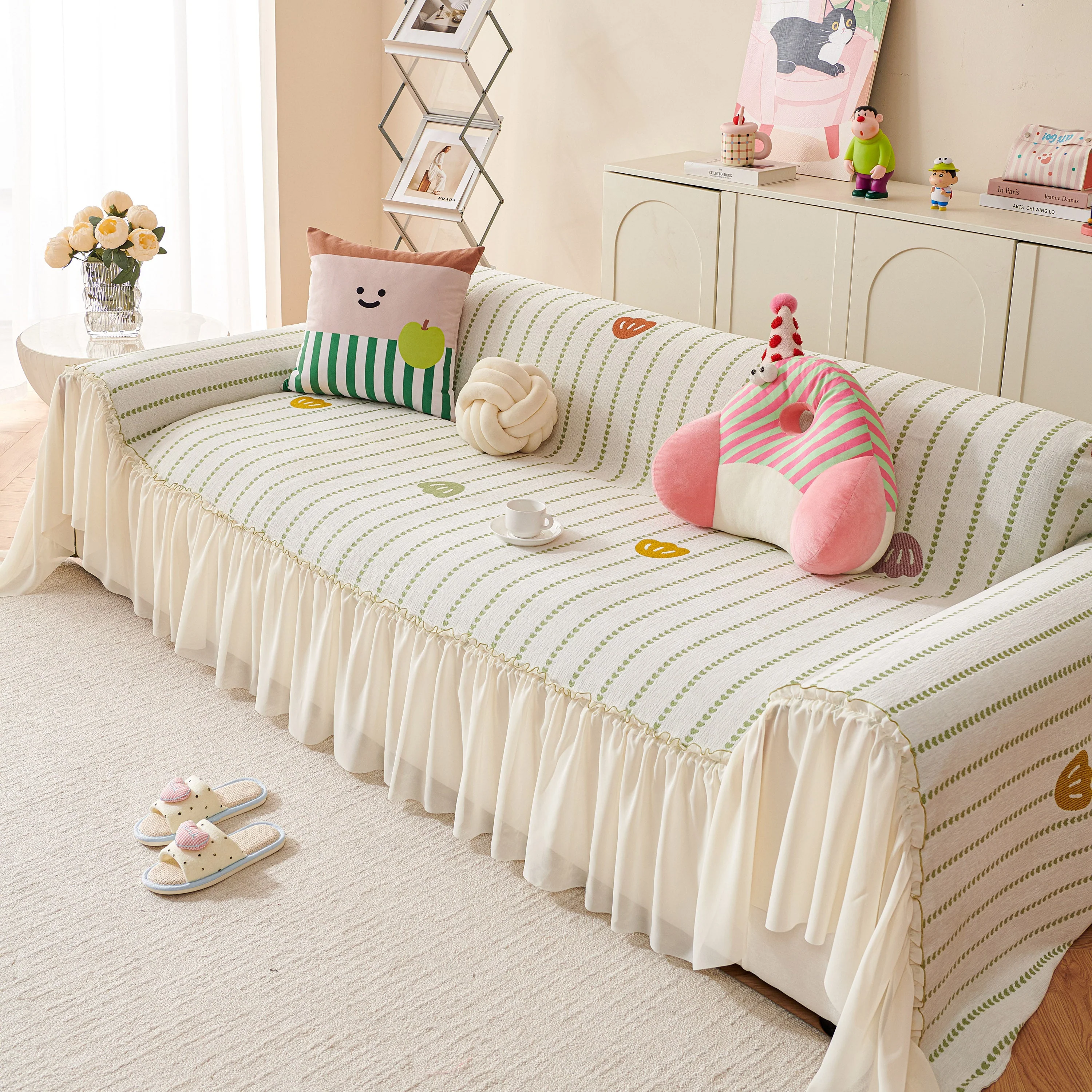 Cute Dotted Stripe Couch Protector, Non-Slip Washable Sofa Cover with Ruffled Skirt - Image 29