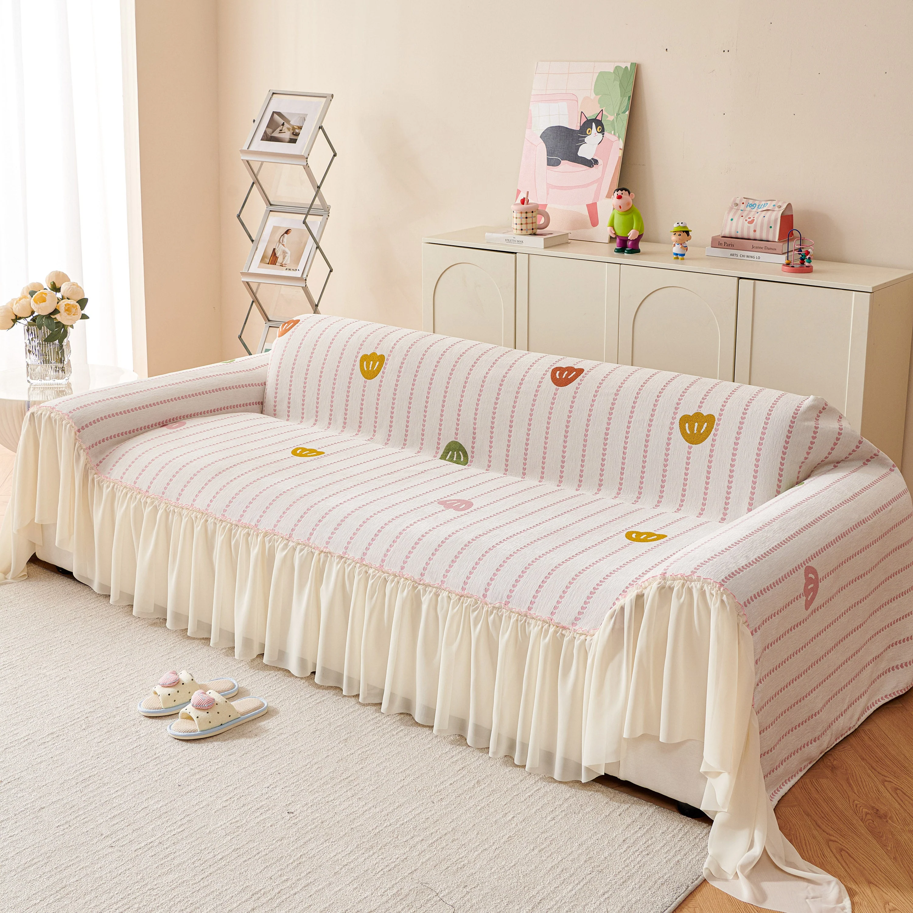 Cute Dotted Stripe Couch Protector, Non-Slip Washable Sofa Cover with Ruffled Skirt - Image 3