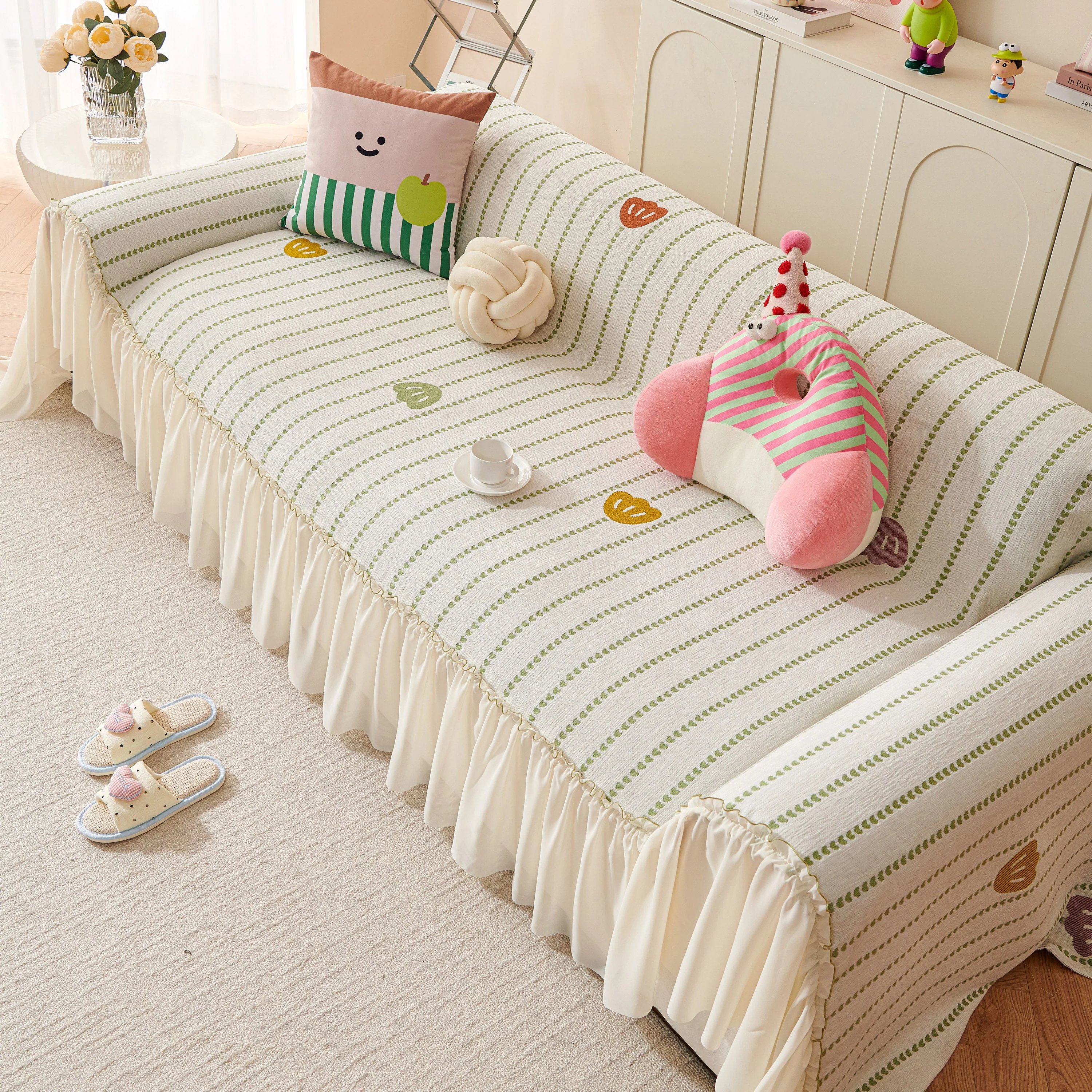 Cute Dotted Stripe Couch Protector, Non-Slip Washable Sofa Cover with Ruffled Skirt - Image 30
