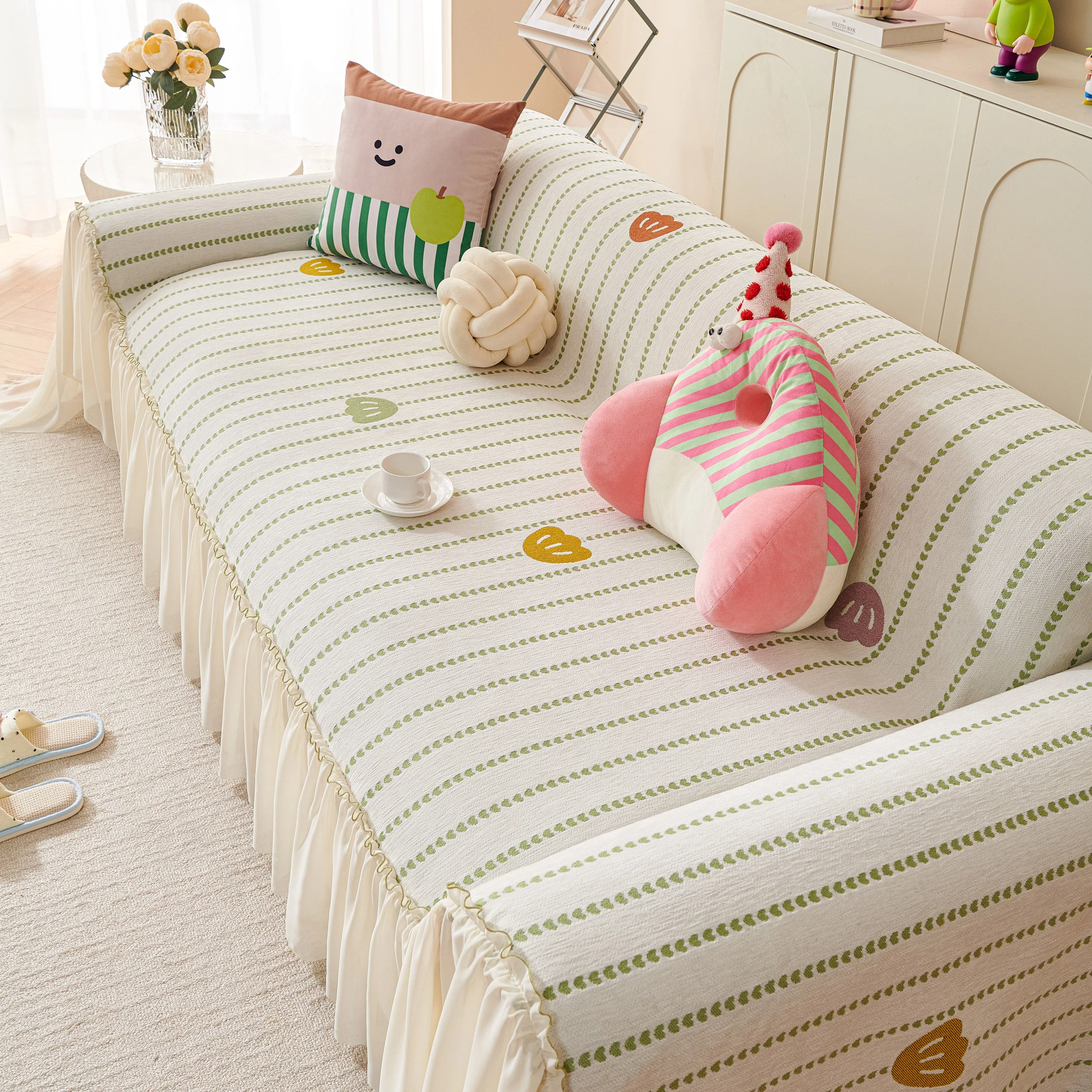 Cute Dotted Stripe Couch Protector, Non-Slip Washable Sofa Cover with Ruffled Skirt - Image 31