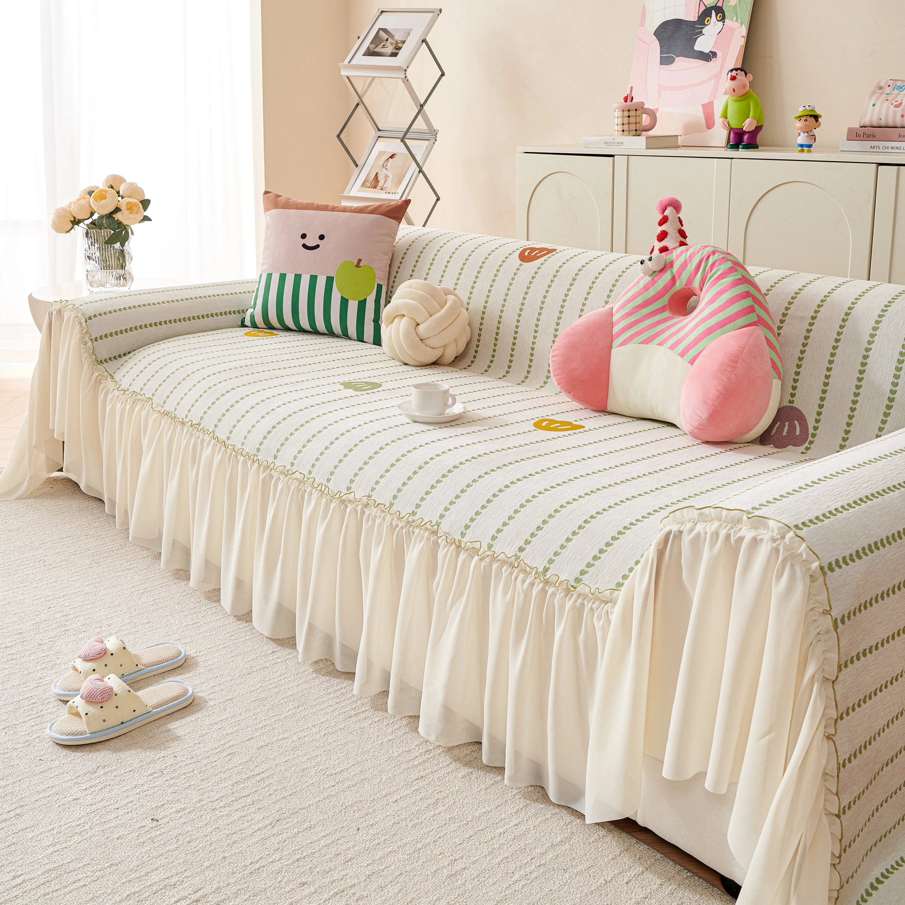 Cute Dotted Stripe Couch Protector, Non-Slip Washable Sofa Cover with Ruffled Skirt - Image 32