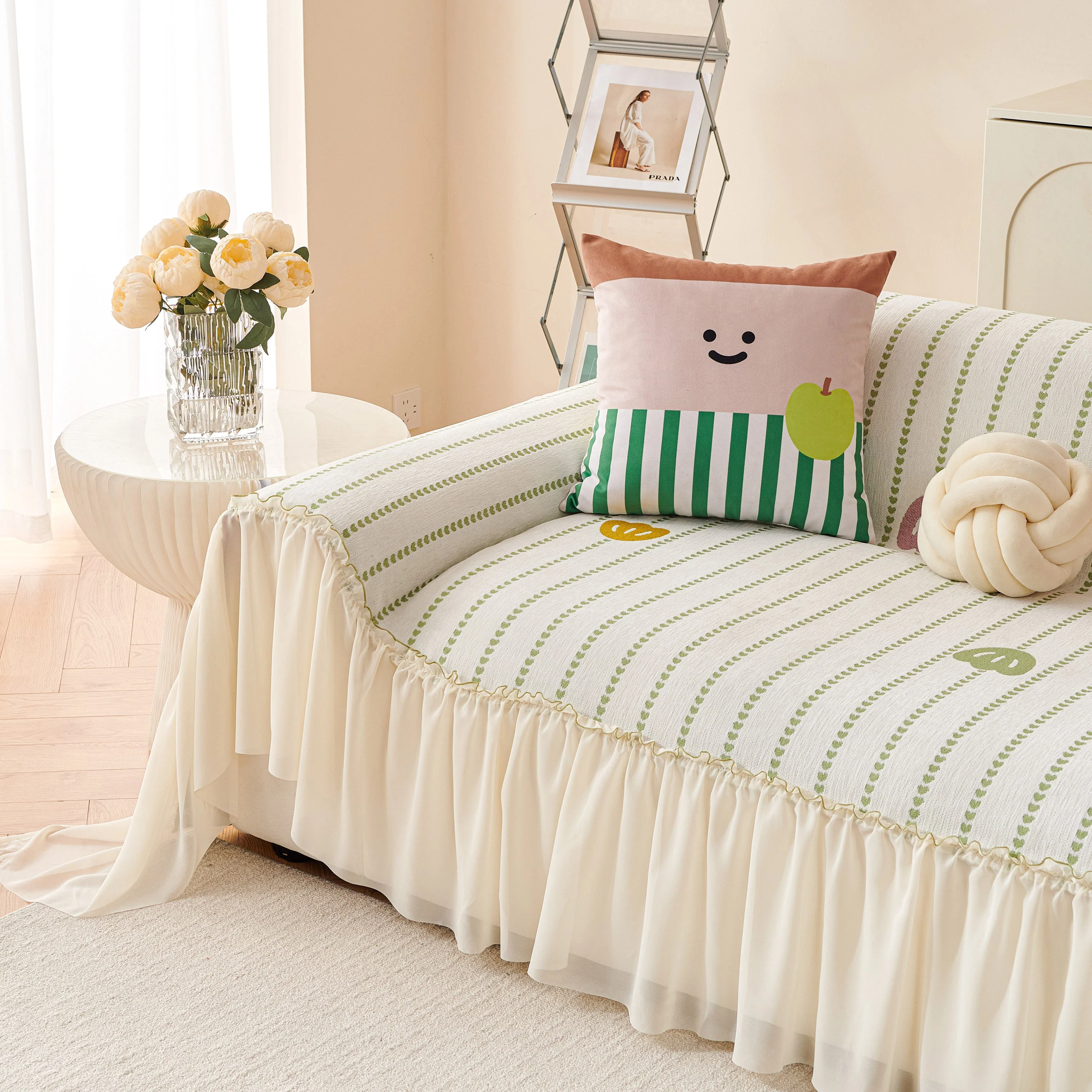 Cute Dotted Stripe Couch Protector, Non-Slip Washable Sofa Cover with Ruffled Skirt - Image 33