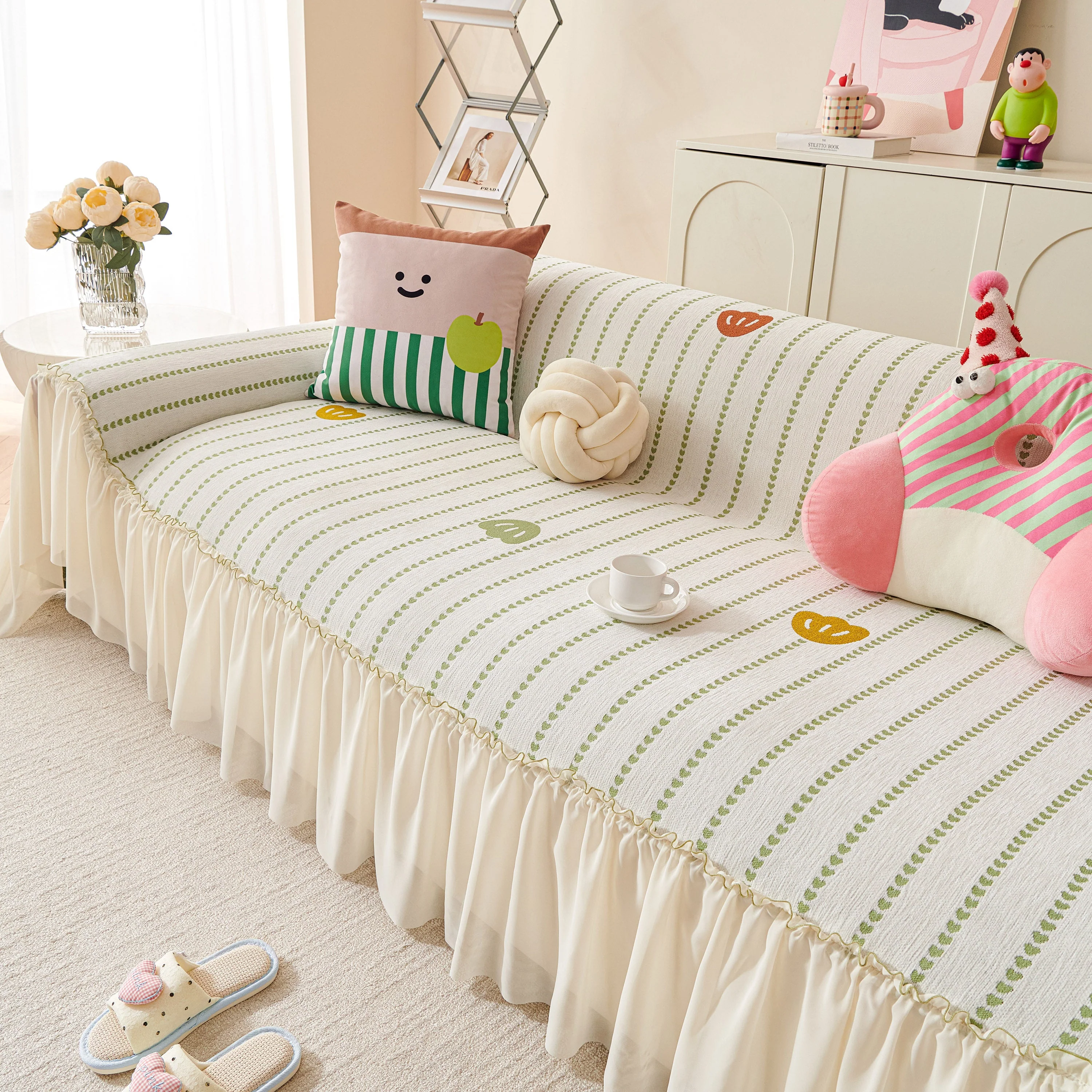 Cute Dotted Stripe Couch Protector, Non-Slip Washable Sofa Cover with Ruffled Skirt - Image 34